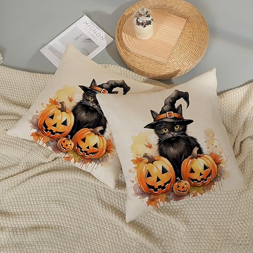Miniatura 5 de Fundas de almohada de Halloween de 18 x 18 pulgadas, juego de 2 fundas de almohada de gato negro con calabaza, decoraciones de Halloween, fundas de