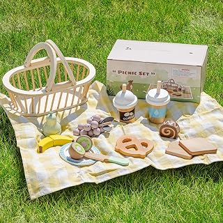 ROBOTIME Wooden Play Food Sets for Kids Kitchen, 14 PCS Toy Food Pretend Play Picnic Basket with Fruits, Desserts, Drinks & Utensils, Play Kitchen Food for Indoor & Outdoor Camping Fun, Ages 3+