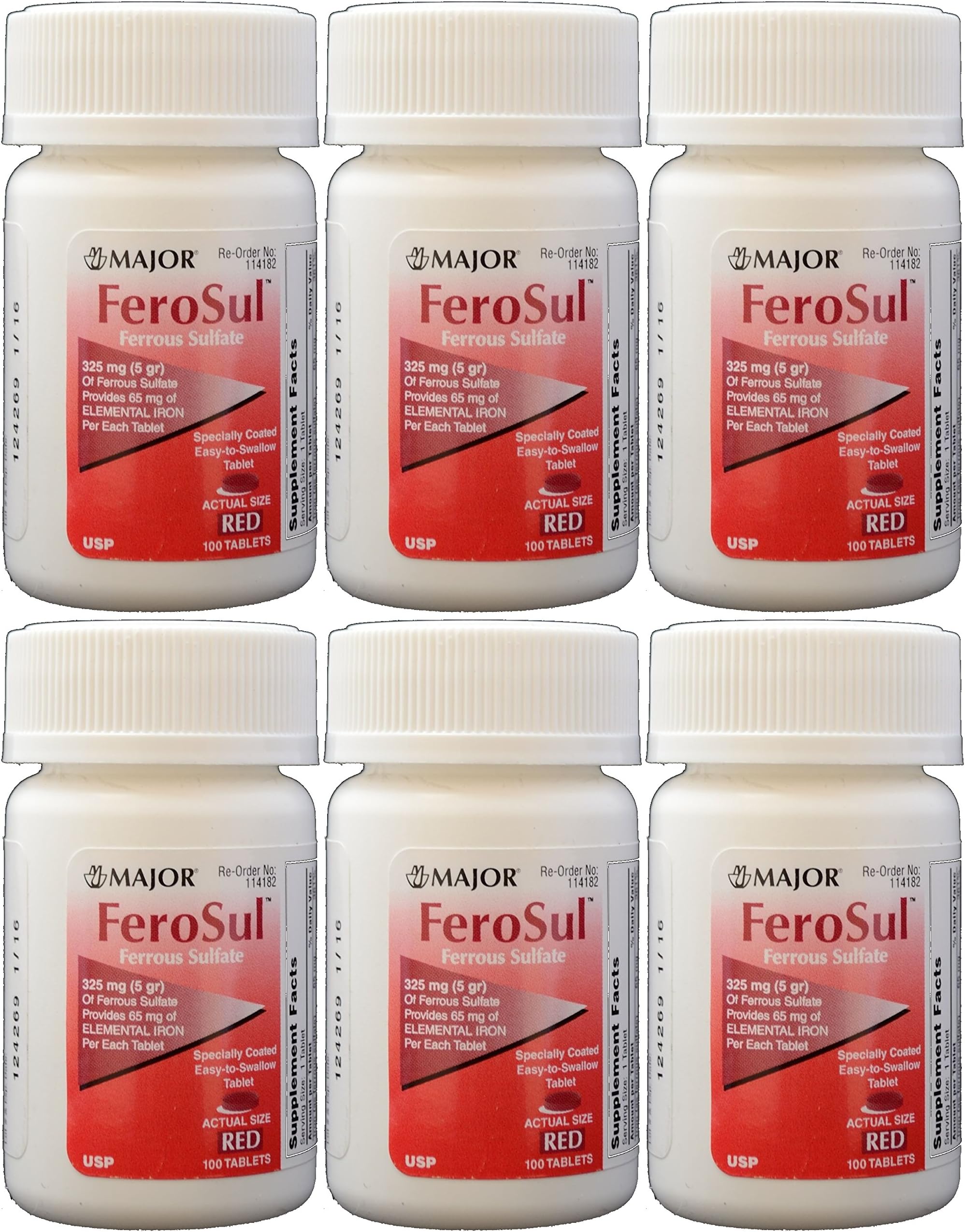 MajorPharmaceuticals Ferrous Sulfate Fc Mg Generic For Feosol Red Tablets Tablets Per Bottle Pack Total Tablets 6 Bottles Total 600 Tablets Multi