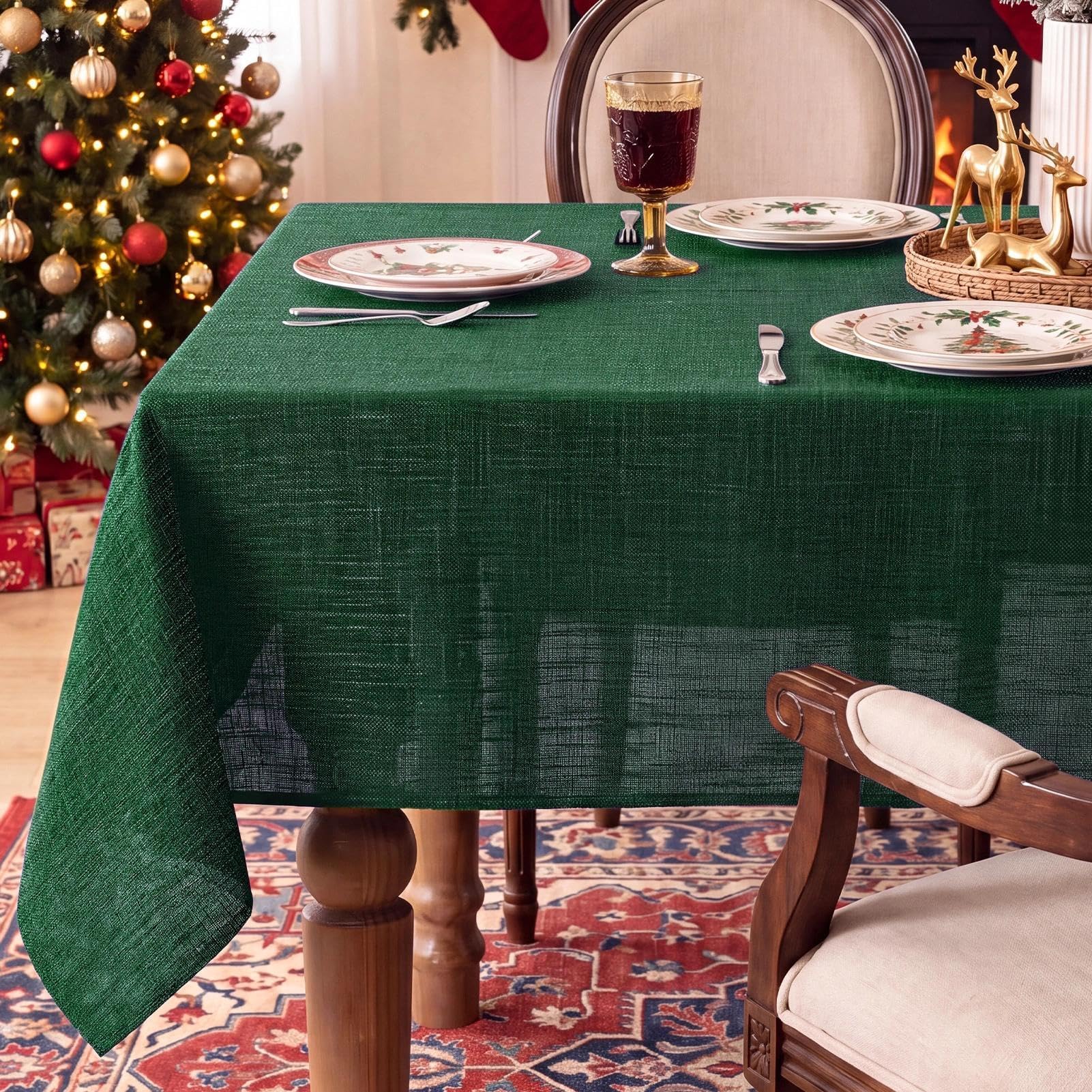 FIBORIA Large Dark Green Christmas Table Cloth Faux Linen Rectangular 150x300 cm Xmas Tablecloth Wipe Clean Water Resistant Washable Table Cover for Kitchen Dining Party Festive Decor, 59x118 inch