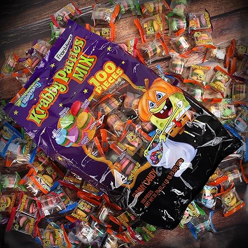 Miniatura 2 de Krabby Patties - Gomitas de caramelo  Bolsa de 1 libra y 15.75 onzas  Caramelo de Bob Esponja 100 unidades de sabores y colores surtidos de frutas