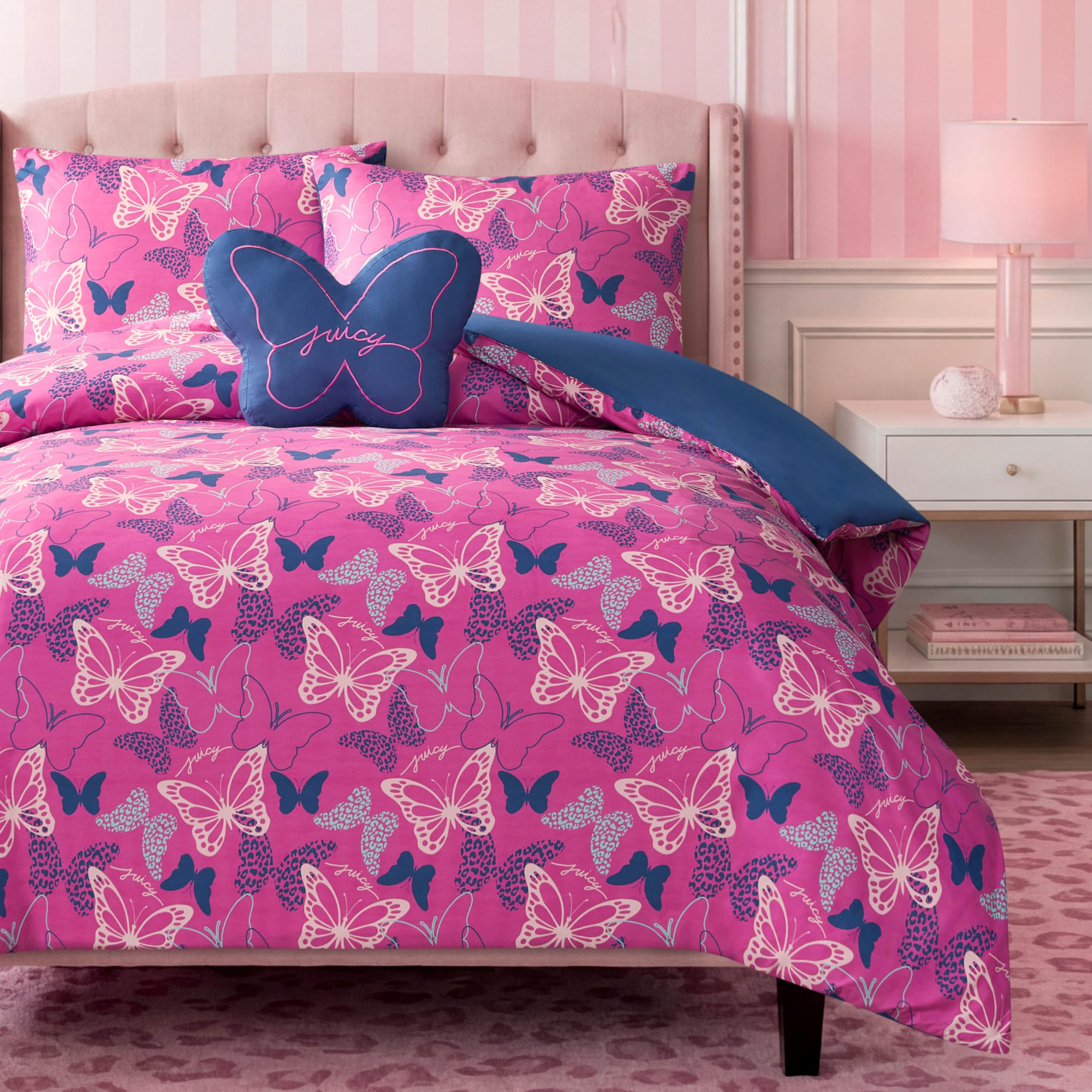 Juicy Couture Kids Wild Butterfly Toss Reversible Comforter Set, Butterfly Print Microfiber Bedding with Decorative Pillow, Pink, Twin