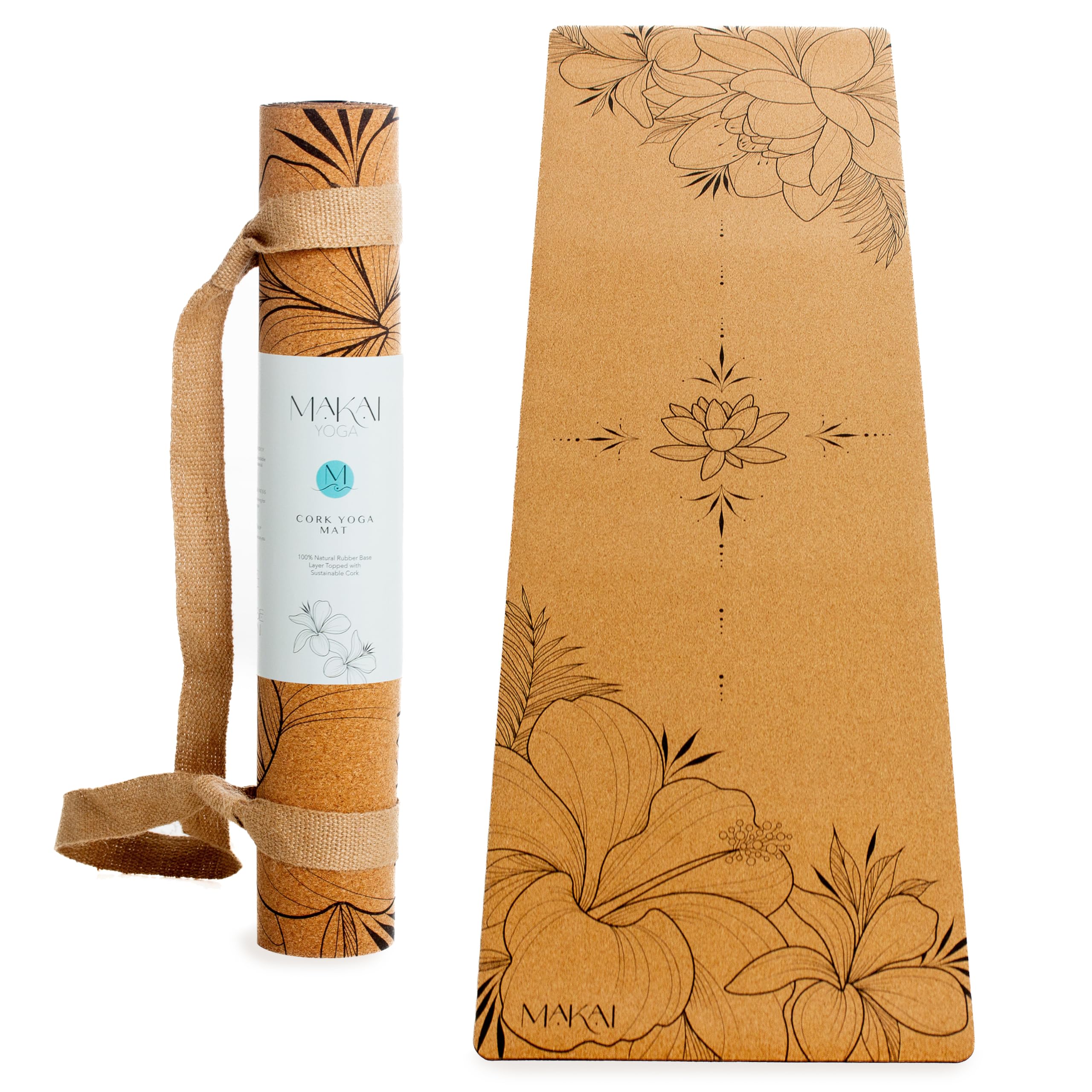 MAKAI Tappetino da yoga in sughero, ecologico, 100% sughero naturale e gomma, tappetino antiscivolo di alta qualità da 4 mm, include tracolla per il trasporto in canapa, tappetino per esercizi e
