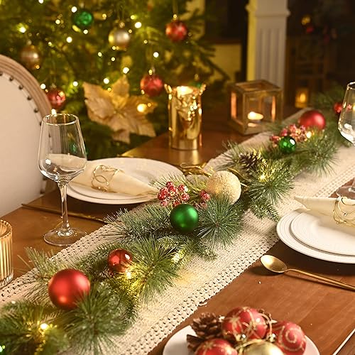 Miniatura 3 de Valery Madelyn Guirnalda de Navidad preiluminada de 9 pies con luz para manto, guirnalda de Navidad iluminada al aire libre con bola de oro rojo,