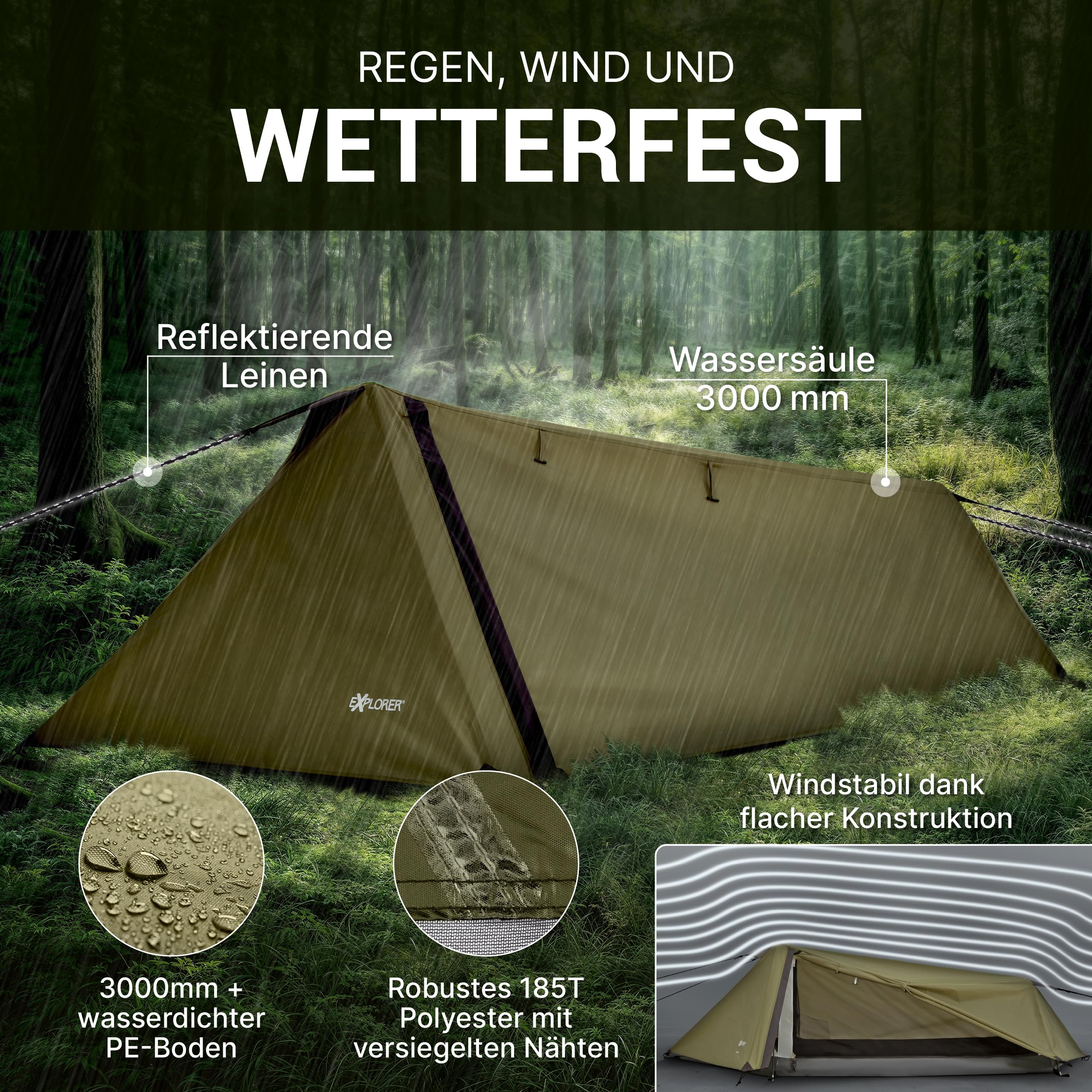 EXPLORER Namib 1 & 2 Personen Zelt kleines Packmaß Ultraleicht für Fahrrad oder Motorrad Reise 1-2 Personen 3000mm Wassersäule mit separatem Innenzelt Wandern Trekking Camping