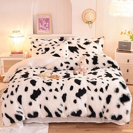 Mengersi Cow Print Duvet Cover Set Shaggy fluffy Duvet