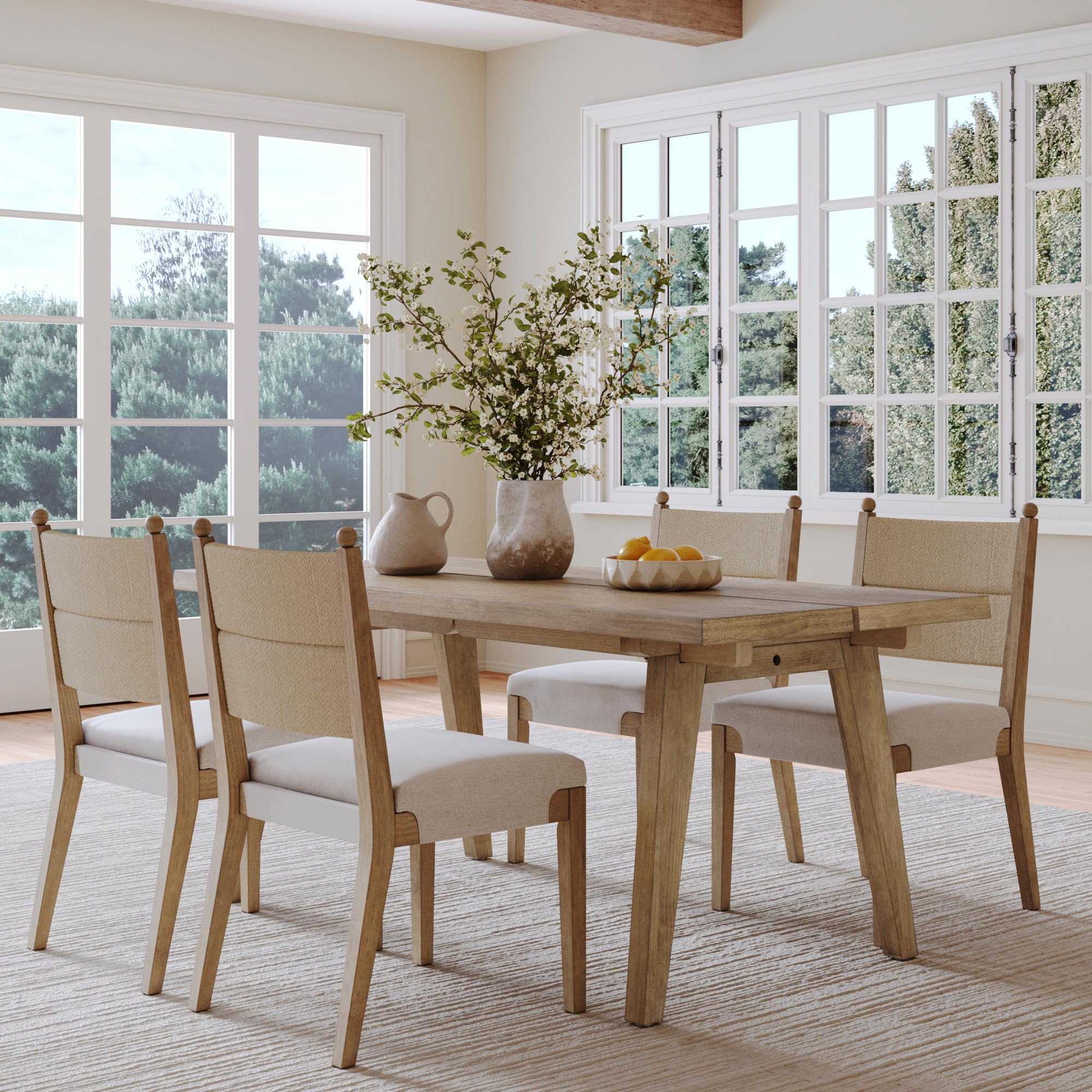 Andy Bohemian 4 Chair Dining Set, Extendable Dining Table with Solid Wood Frame and Upholstered Dining Chairs Set with Seagrass Backrest, Light Brown