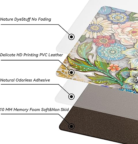 Miniatura 4 de Alfombras de cocina bohemias florales para suelo, 2 piezas de espuma viscoelástica, acolchadas, antifatiga, antideslizantes, acolchadas, cómodas