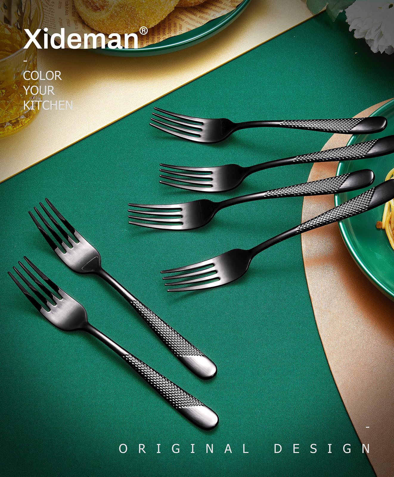 12-teiliges Premium gehämmerte Salatgabel-Set (17 cm), 18/10 Edelstahlgabeln, Besteck, hochglanzpolierte Dessertgabeln für Zuhause, Küche, Restaurant, spülmaschinenfest (schwarz)
