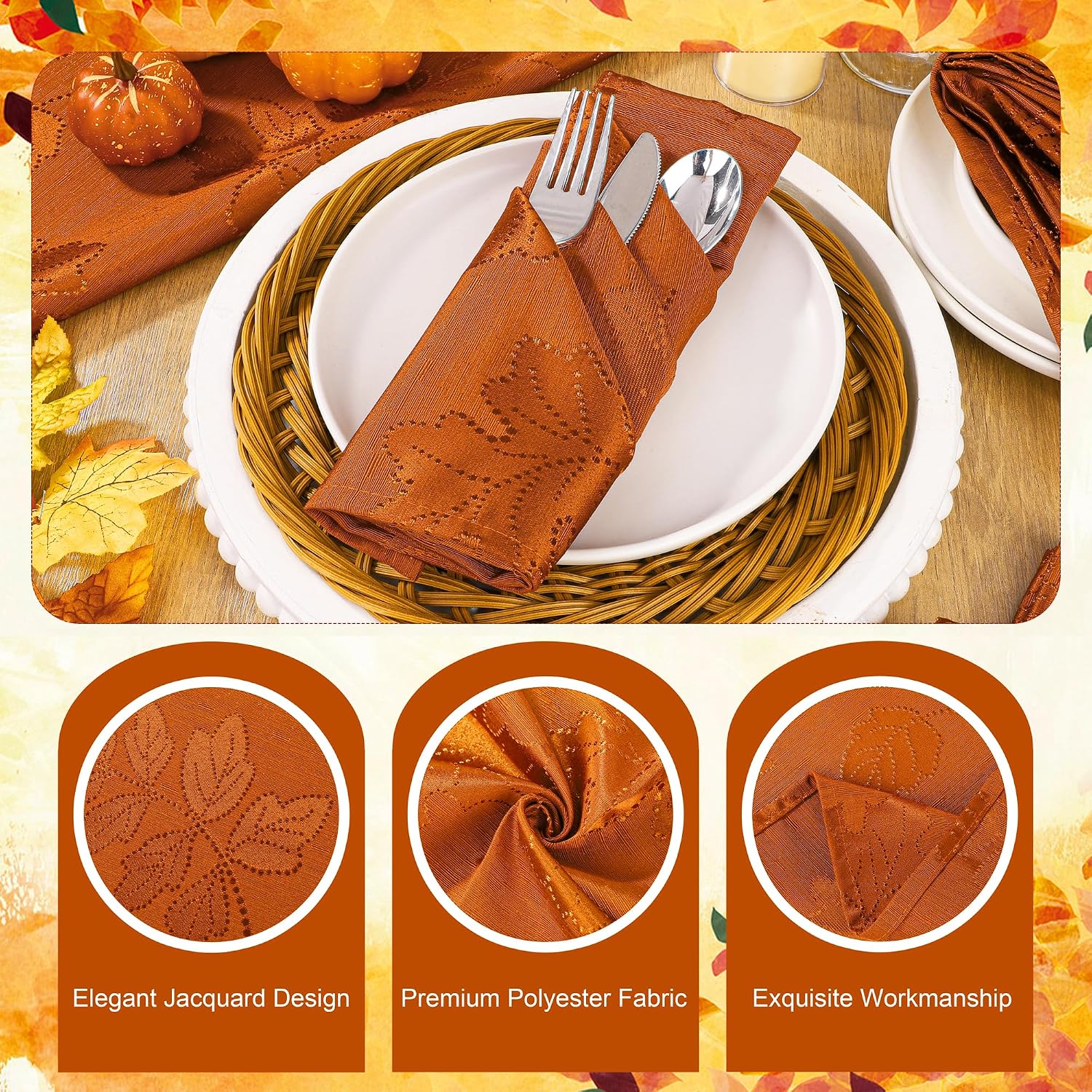 Kochorie 12 Pcs Thanksgiving Napkins, 18" x 18" Rust Jacquard Square Napkin