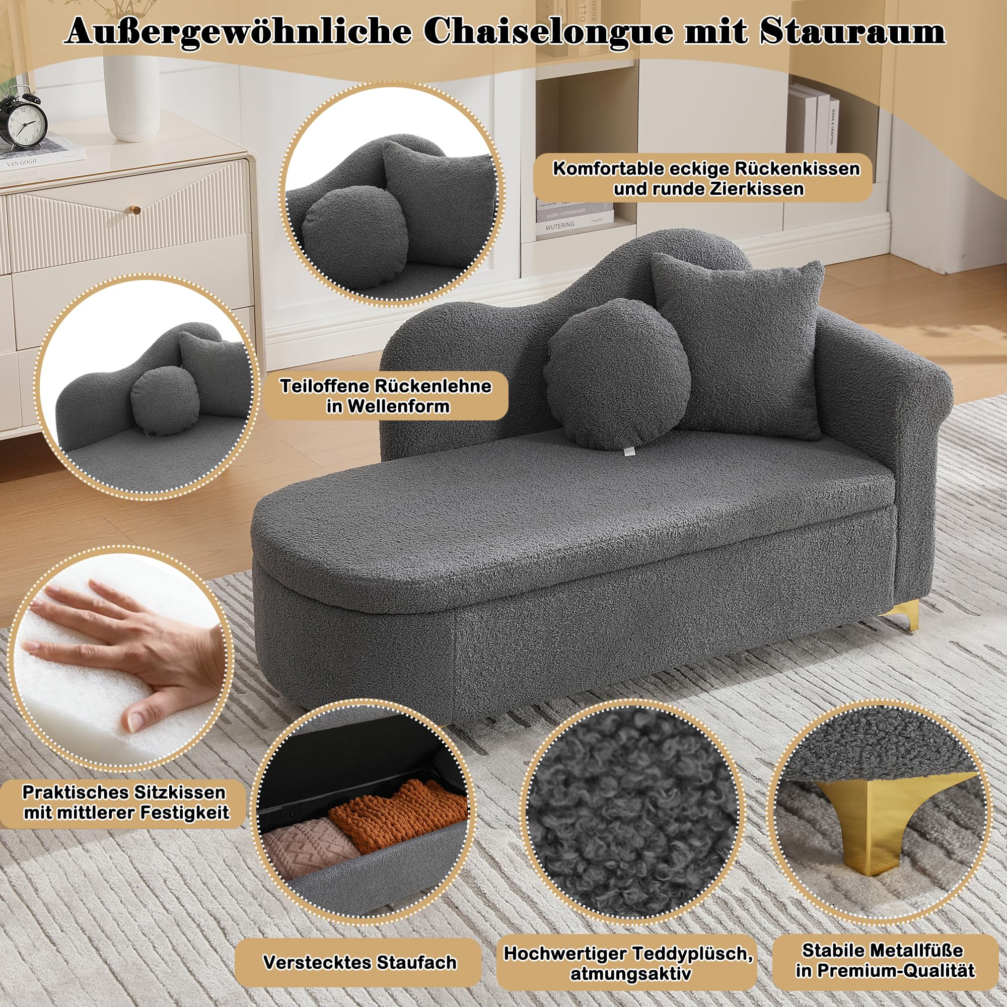 Merax Chaiselongue mit Stauraum, 134 cm Liege mit wellenförmiger Rückenlehne & Boucle-Stoff, hochdichter Schaumstoff, inkl. Lenden- & Nackenkissen, Retro-Look mit Massivholzrahmen, Grau