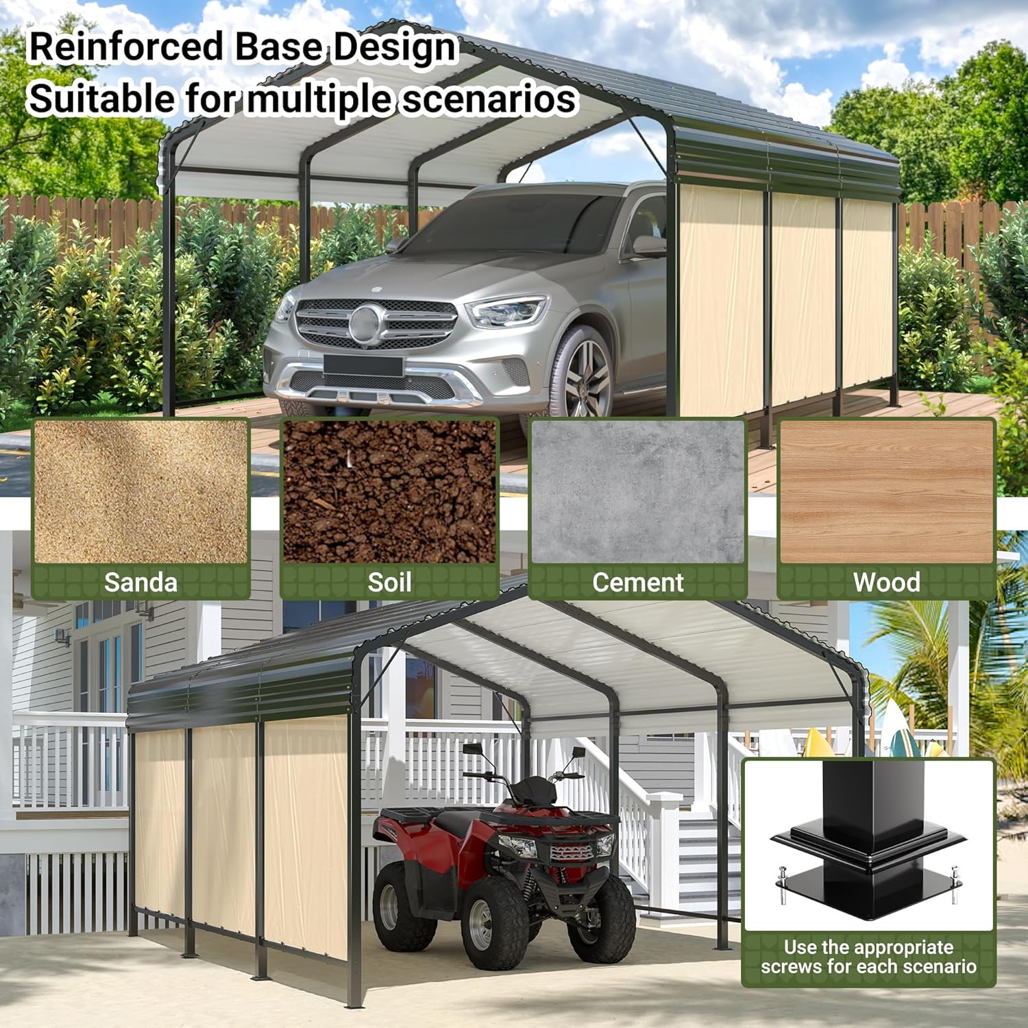 VIWAT carport on various surfaces: sand, soil, cement, wood, with a car and an ATV
