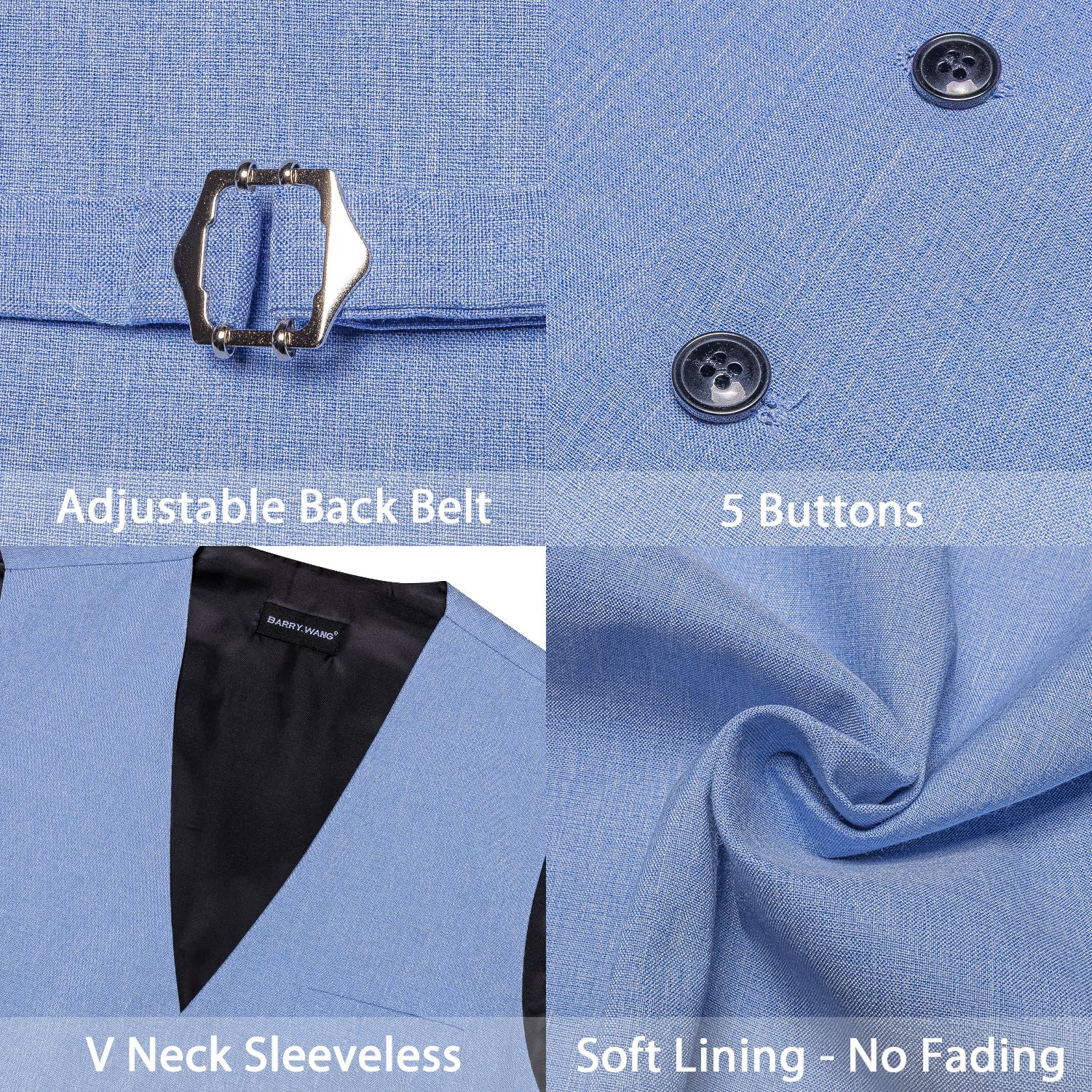 Barry.Wang Mens Suit Vest Tie Set Linen V-neck Waistcoat Clip Hanky Cufflinks Vintage Tuxedo Casual Wedding Business 5PCS
