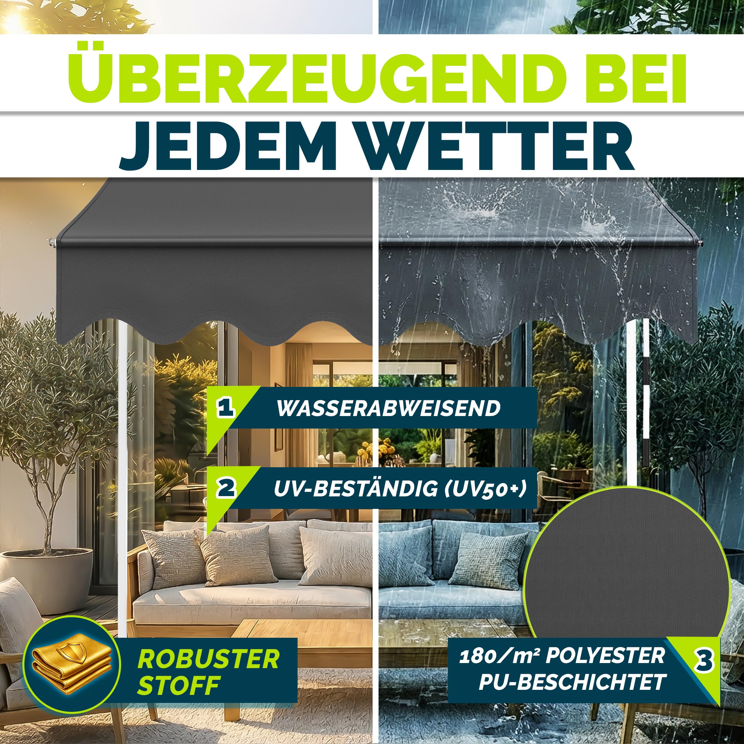XINZI Zonwering, 250 cm breed, klemluifel, in hoogte verstelbaar, balkonluifel met handslinger, uv-bestendig en weerbestendig, brede zonwering, buiten, terras, zijwand, zonder boren (donkergrijs XINZI Zonwering, 250 cm breed, klemluifel, in hoogte verstelbaar, balkonluifel met handslinger, uv-bestendig en weerbestendig, brede zonwering, buiten, terras, zijwand, zonder boren (donkergrijs