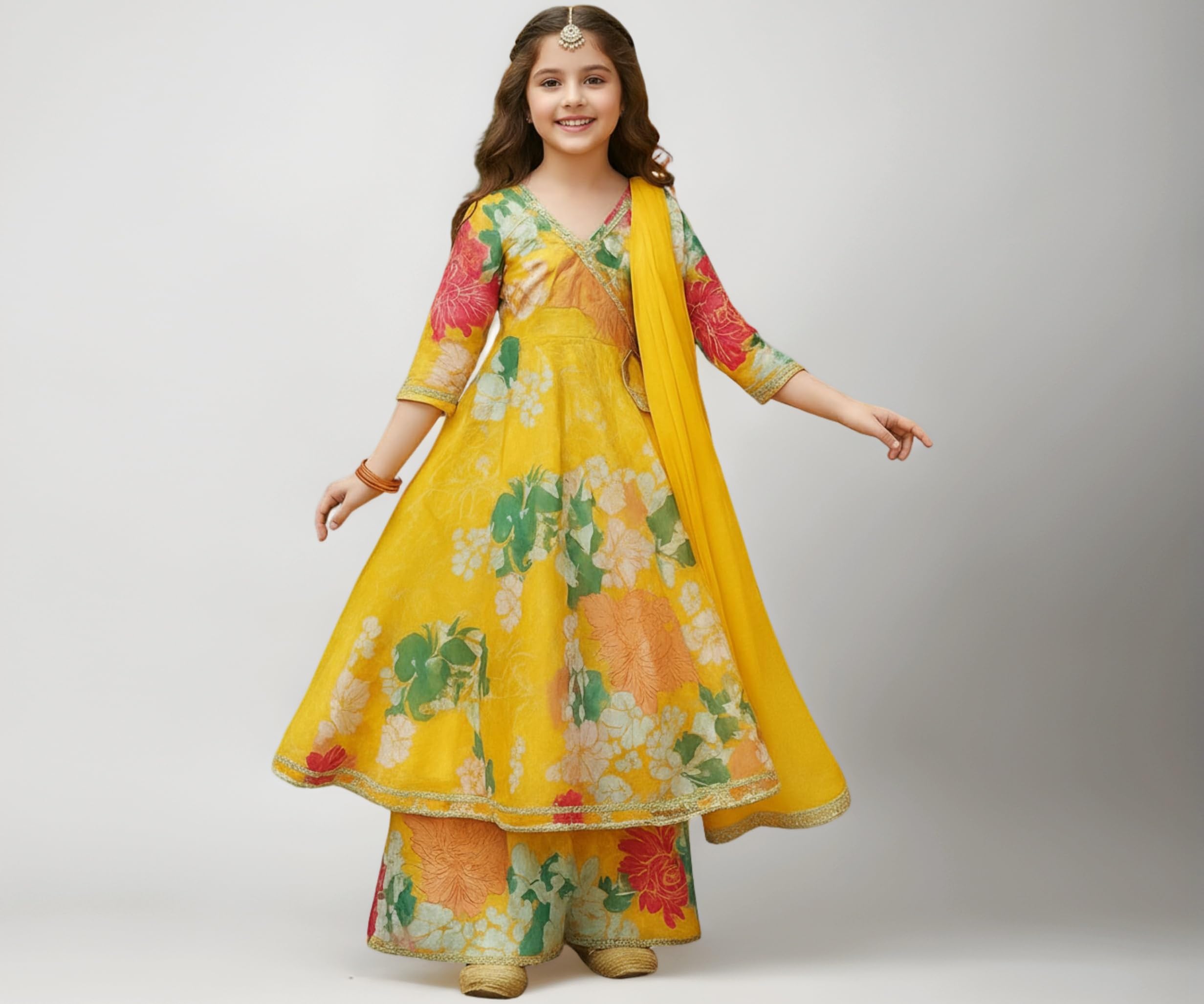 Girls Rayon Fabric Floral Printed 3/4 Sleeve Sharara Dress Set For All Occasion salwar suit