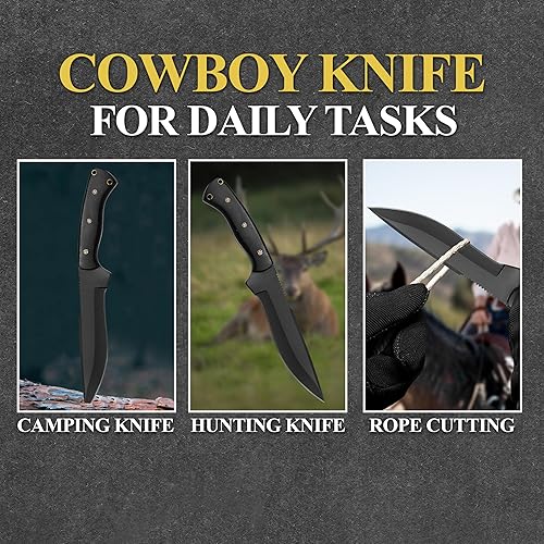 Miniatura 6 de HMC Cuchillo de transporte horizontal, hecho a mano, de acero de alto carbono, cuchillo de caza de ciervos de espiga completa con funda de cuero