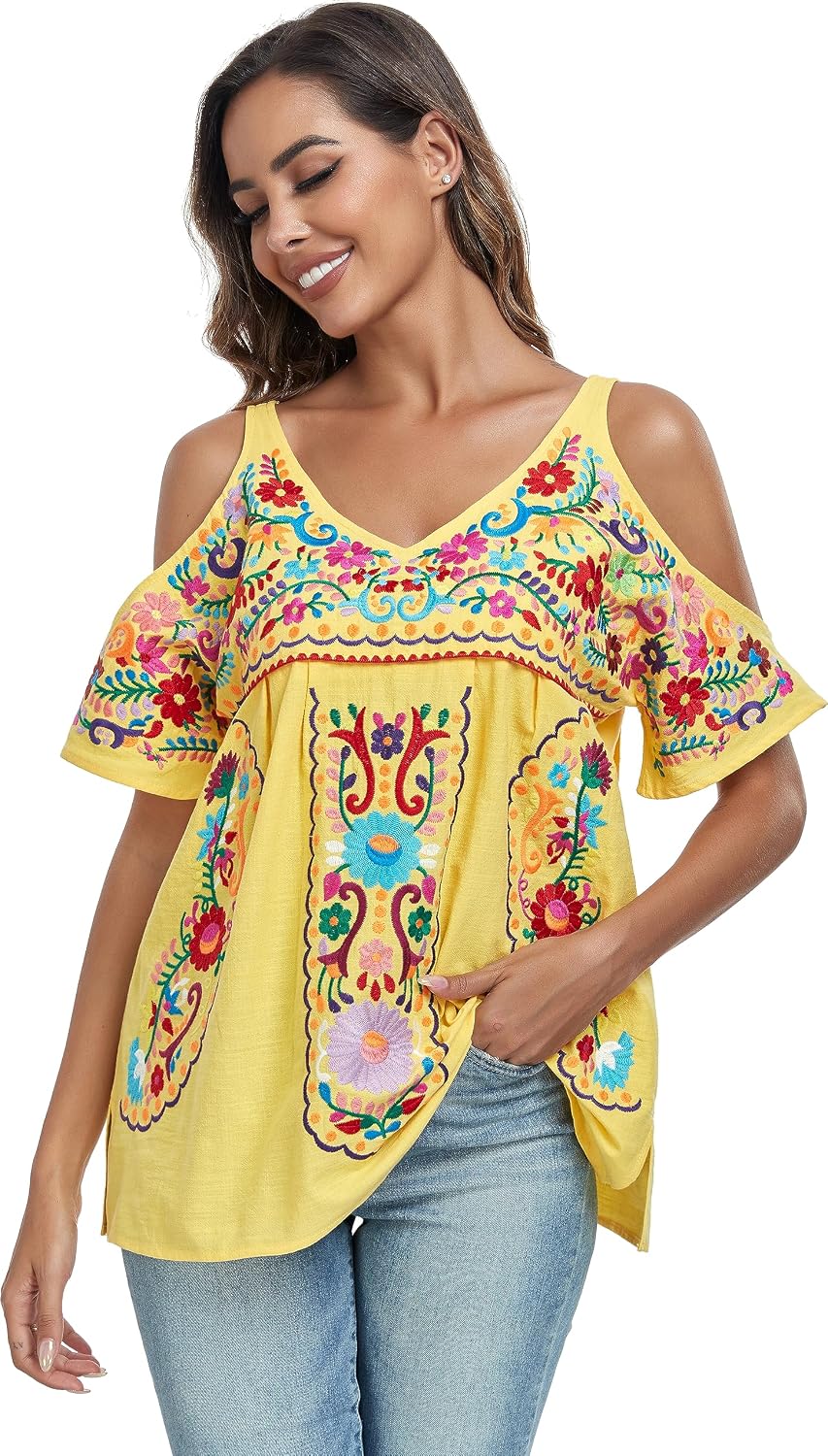 YZXDORWJ Women's Mexican Tops Cold Shoulder V Neck Sexy Blouse Short Sleeve Shirts Embroidered Floral Tunic