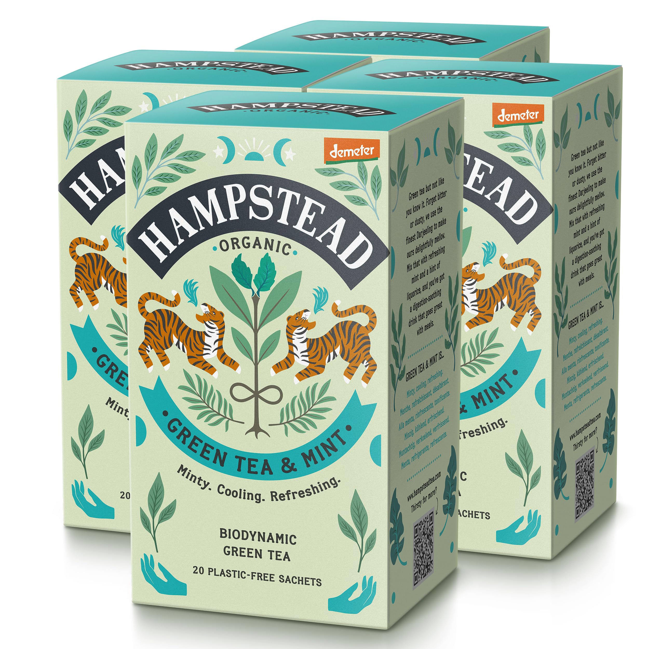 – Hampstead Organic & Biodynamic Green Tea with Mint Bags (4 Packs of 20), Refreshing Green Infusion, Plastic-Free & Compostable