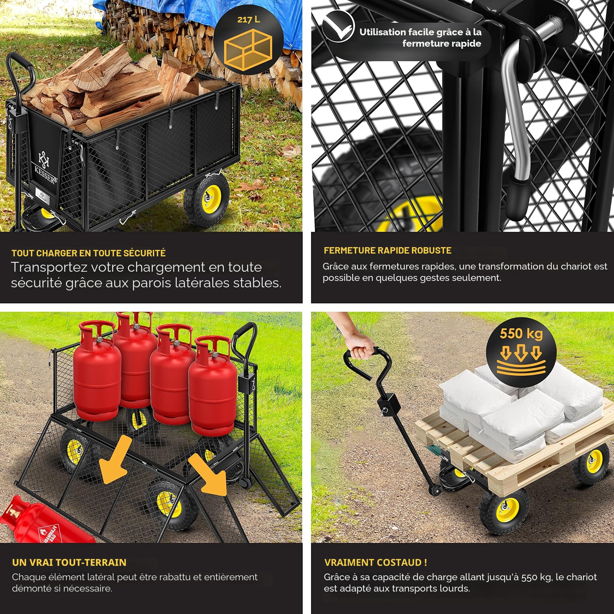 KESSER® Chariot de Transport 550 kg - Transport, Jardinage, Outils - Bras Nouveau - Noir