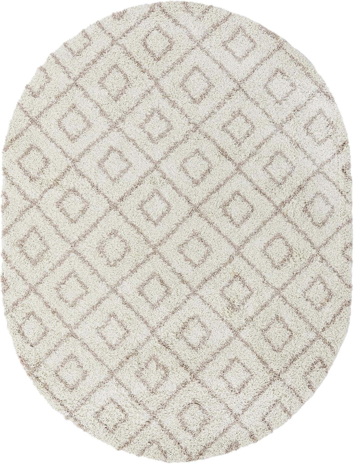 Rugs.com Lattice Shag Collection Rug – 8x10 Oval Beige Shag-Pile Rug Perfect for Living Rooms, Large Dining Rooms, Open Floorplans