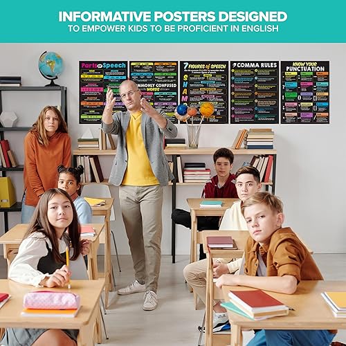 Miniatura 8 de Decorably 5 pósteres ELA de pizarra para escuela secundaria, 17 x 22 pulgadas, póster educativo en inglés laminado mate para aula de escuela