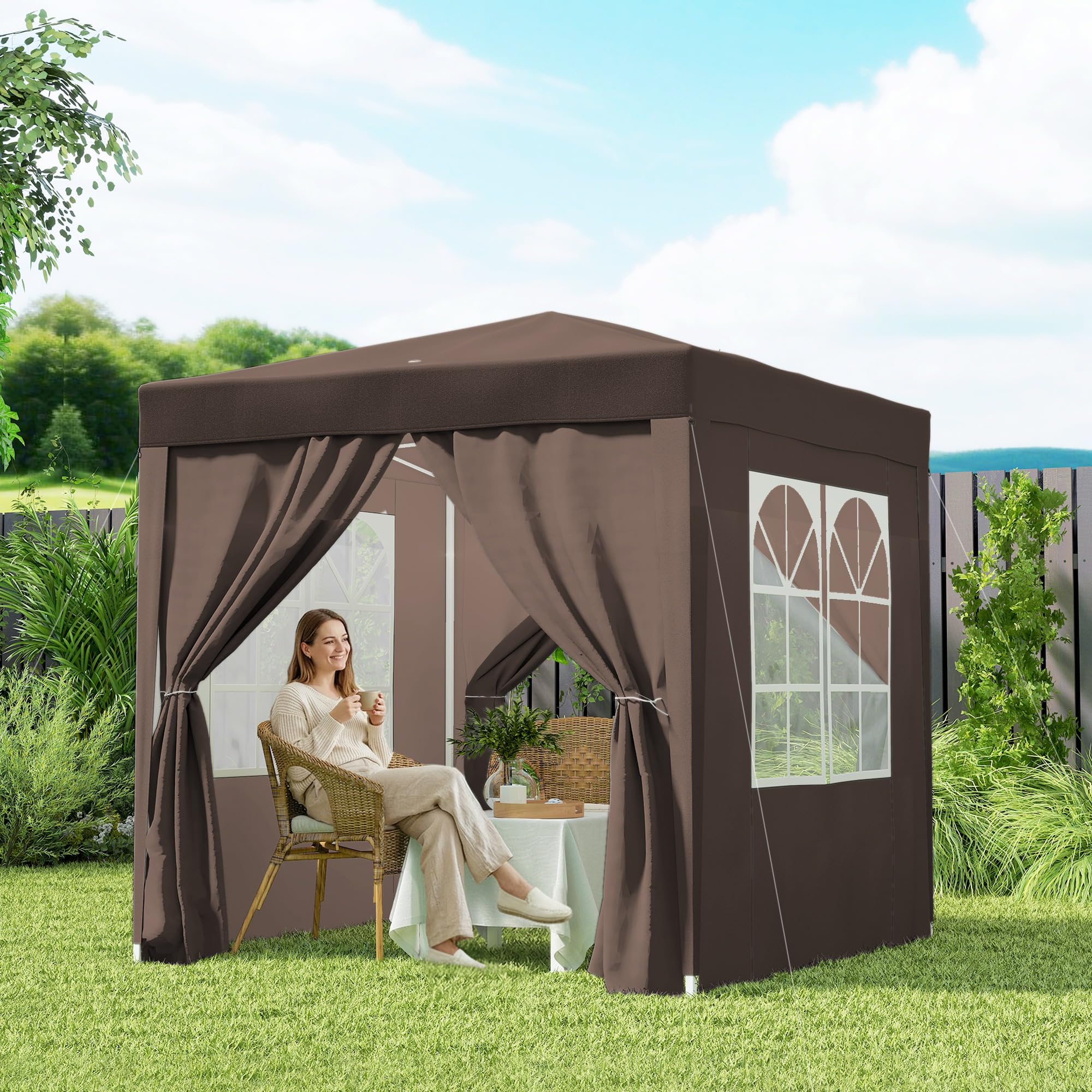 Outsunny Carpa Plegable Pop-up Gazebo 2x2 m Cenador Plegable con 4 Paredes Laterales Anti-UV y Bolsa de Transporte para Camping Fiestas Marrón