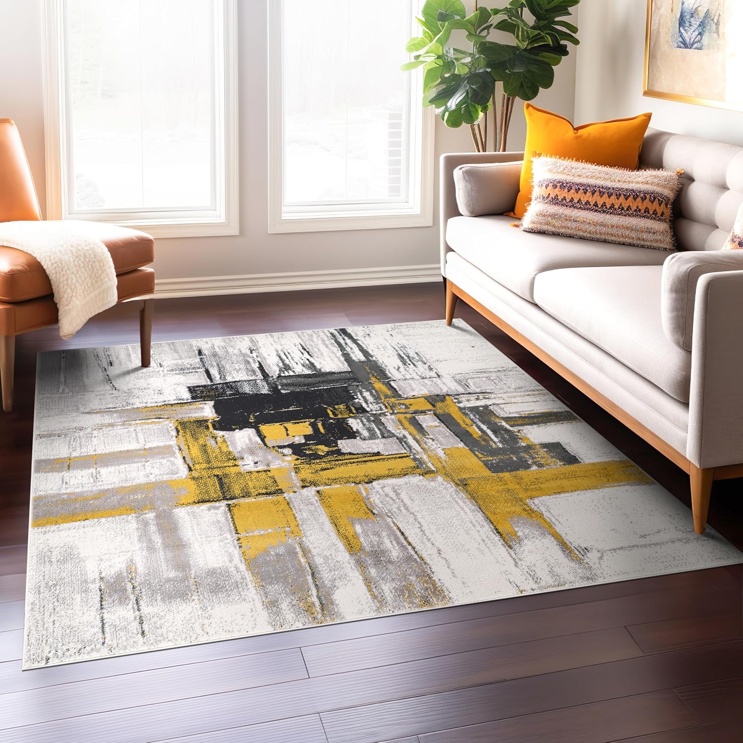 Gold and Gray Abstract Square Area Rug 6'6" x 6'6"