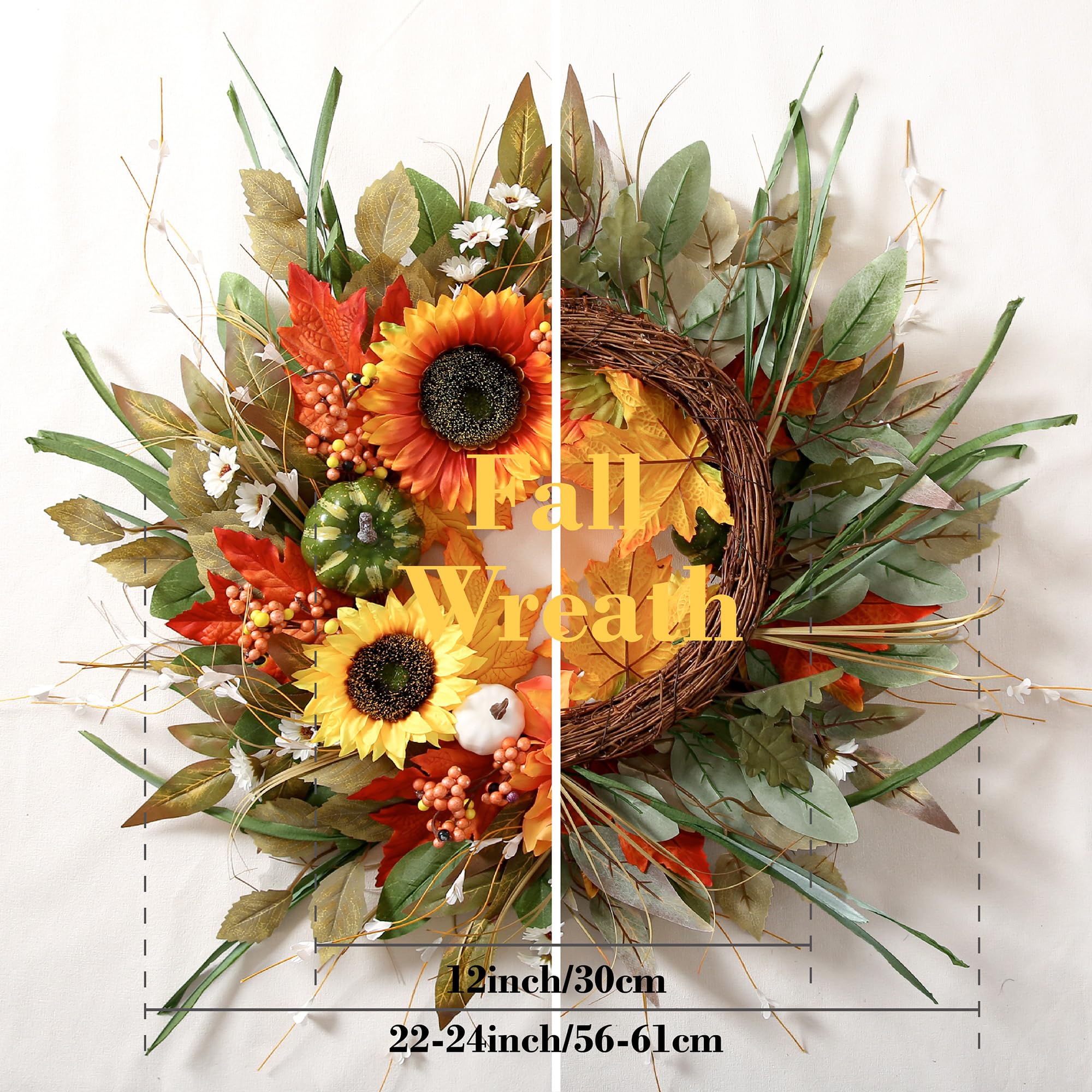 Herbstkranz für Haustür, 61 cm, Herbsttürdekoration mit Kürbissen, Sonnenblumen und Ahornblättern, rustikaler Bauernhausstil für Thanksgiving und Ernte