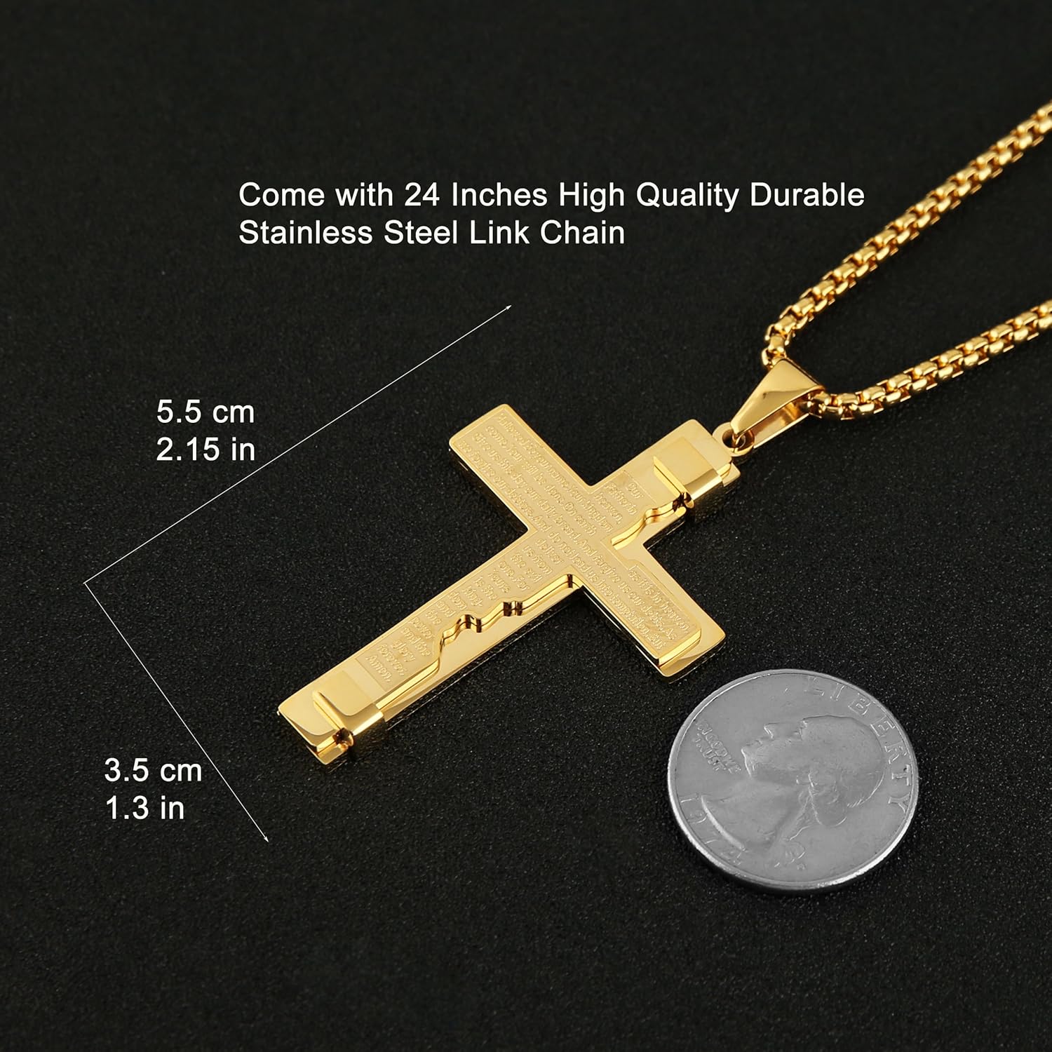 HZMAN Religion Cross Lord's Prayer Stainless Steel Pendant Necklace Rolo Cable Wheat Chain - Image 4