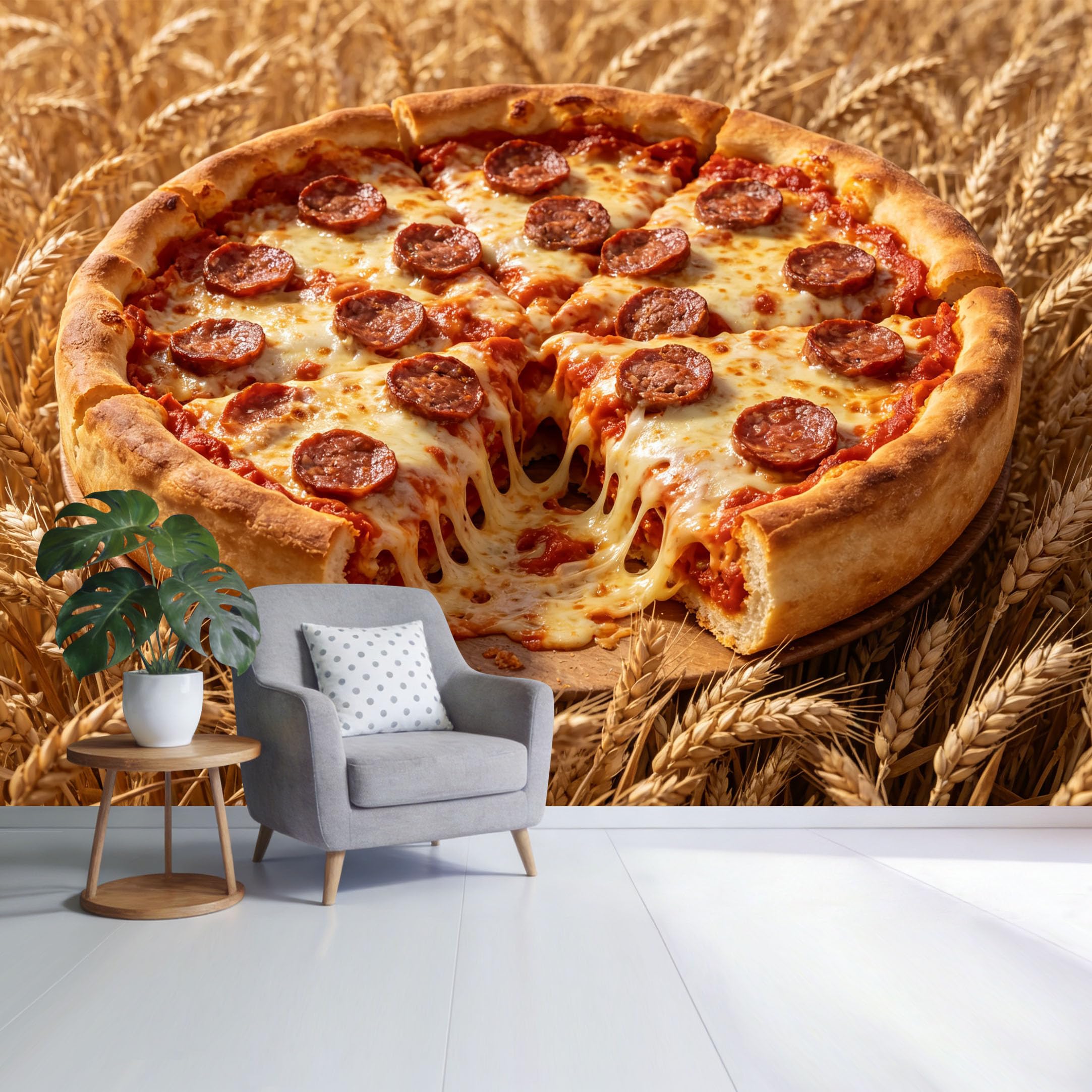 Custom Size Wall Mural Rustic Pepperoni Pizza Cheese Melt Wheat Field Landscape SelfAdhesive Wall Fabric Removable Wallpaper for Home Office Decor