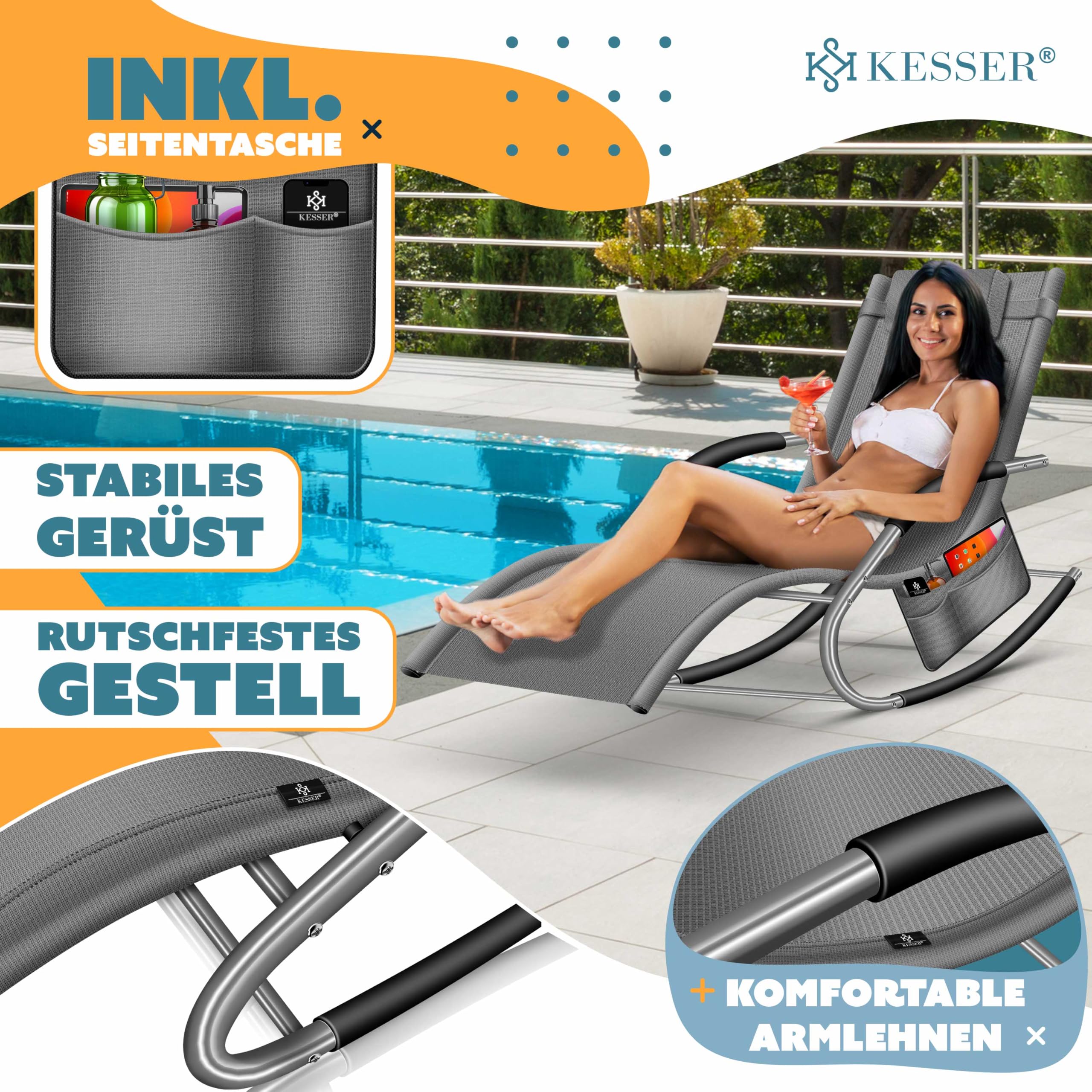 KESSER® Tumbona Plegable de jardín | Silla Plegable | Tumbona | Silla Mecedor ergonómicas reclinables | Resistente a la Intemperie | 150 kg de Carga