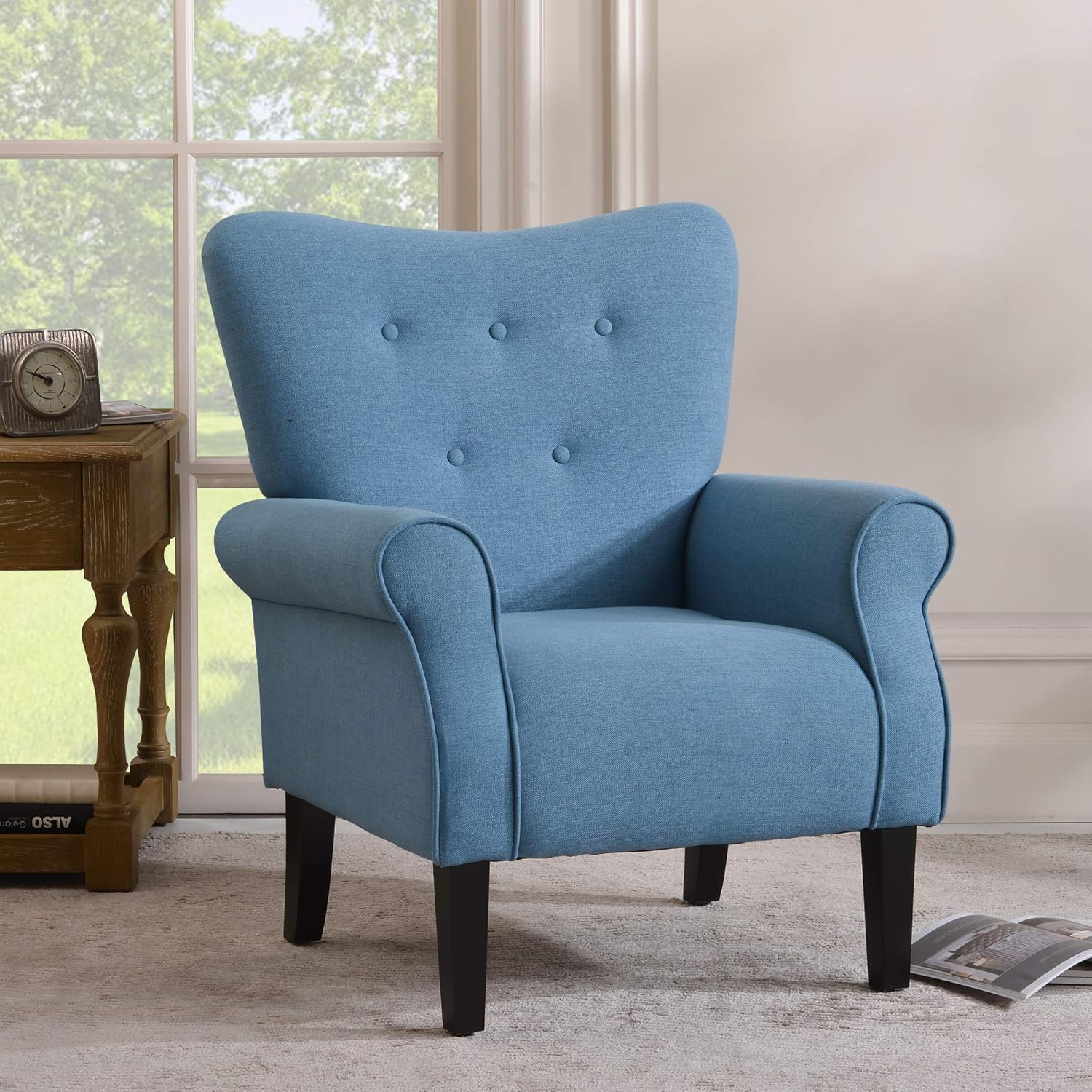 Merax Modern Upholstered Accent Chair Armchair for Bedroom, Living Room or Office, Linen, Including Thick Cushion and Wooden Legs, Brick: Furniture & Decor