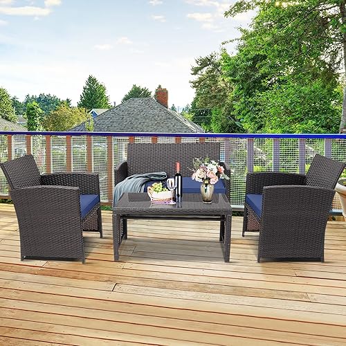 Miniatura 7 de RELAX4LIFE Juego de muebles de patio de 4 piezas con cojines, juego de conversación de patio con sillas, sofá biplaza y mesa de centro de vidrio