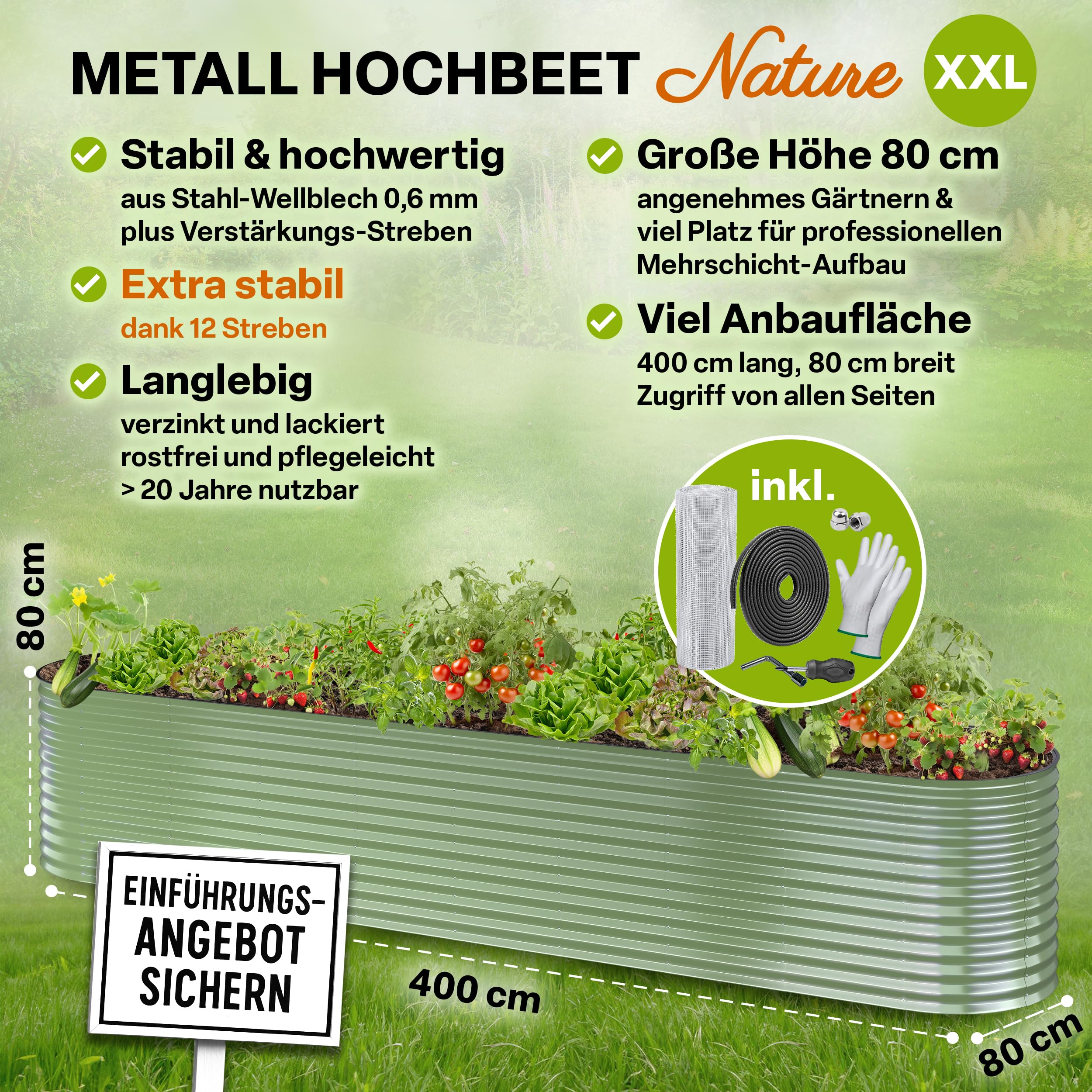 TTL GARDEN 400x80x80cm Nature XXL Metall Hochbeet Salbeigrün Stahl verzinkt | - Rostfrei verzinkt lackiert Wellblech oval 80cm hoch sehr stabil Garten Beet für Gemüse Kräuter Blumen Gartenbeet Gemüsebeet