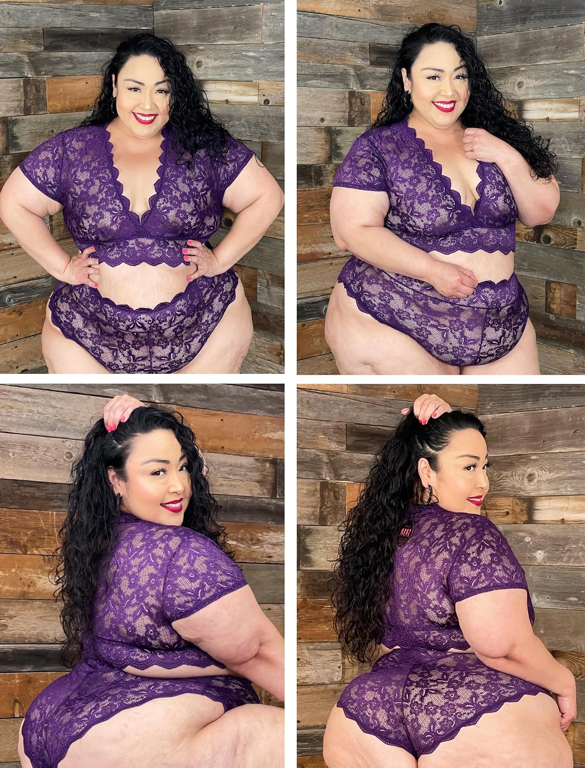 Avidlove Plus Size Lingerie Plus Floral Lace Scallop Trim Lingerie Set Deep V Allover Lace Bra Panties Set Sexy Clubwear