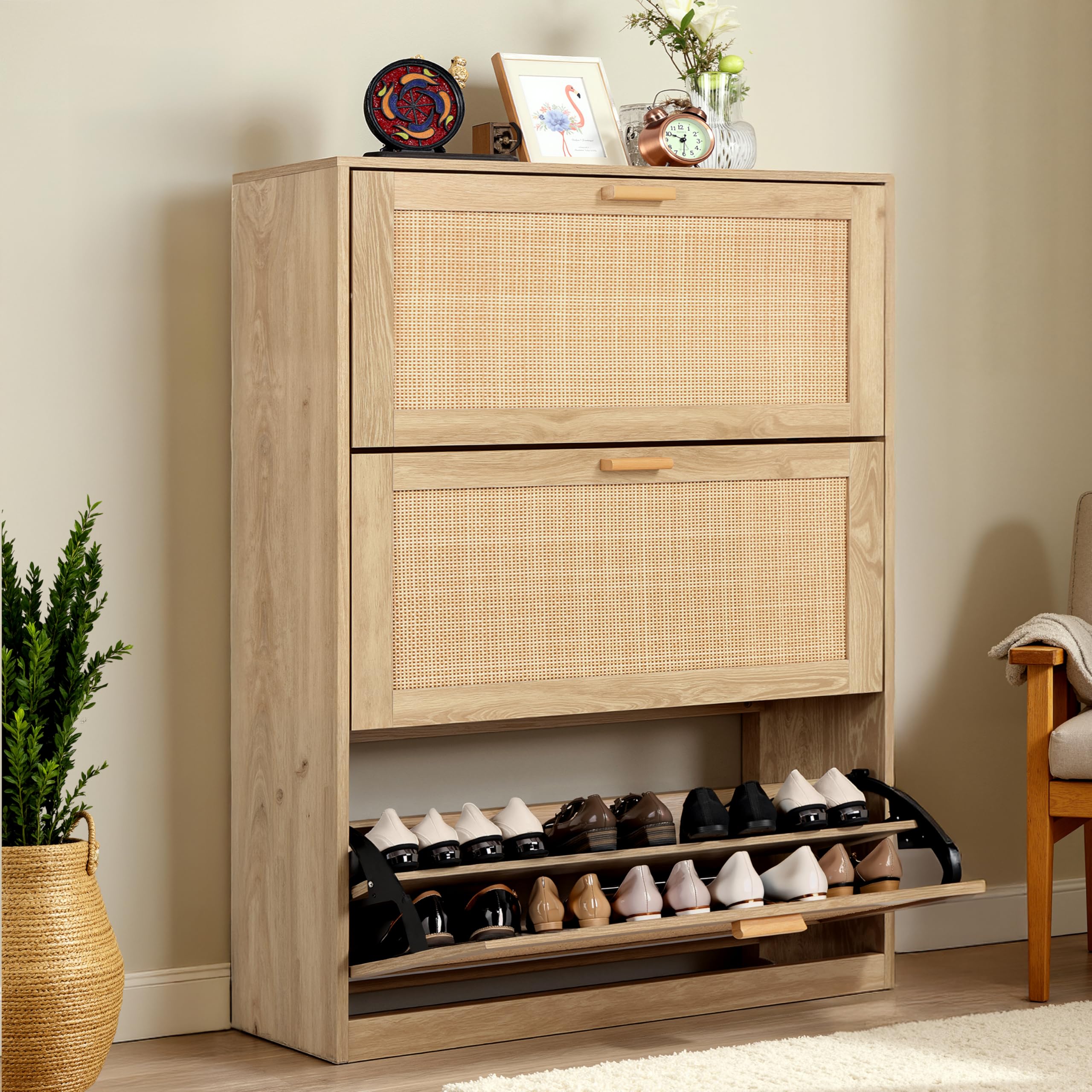 Finnhomy Extended Edition Shoe Cabinet with Natural Rattan Flip Drawers for Entryway, Free Standing 3 Tier Slim Shoe Organizer, Shoe Cabinet with 3-
