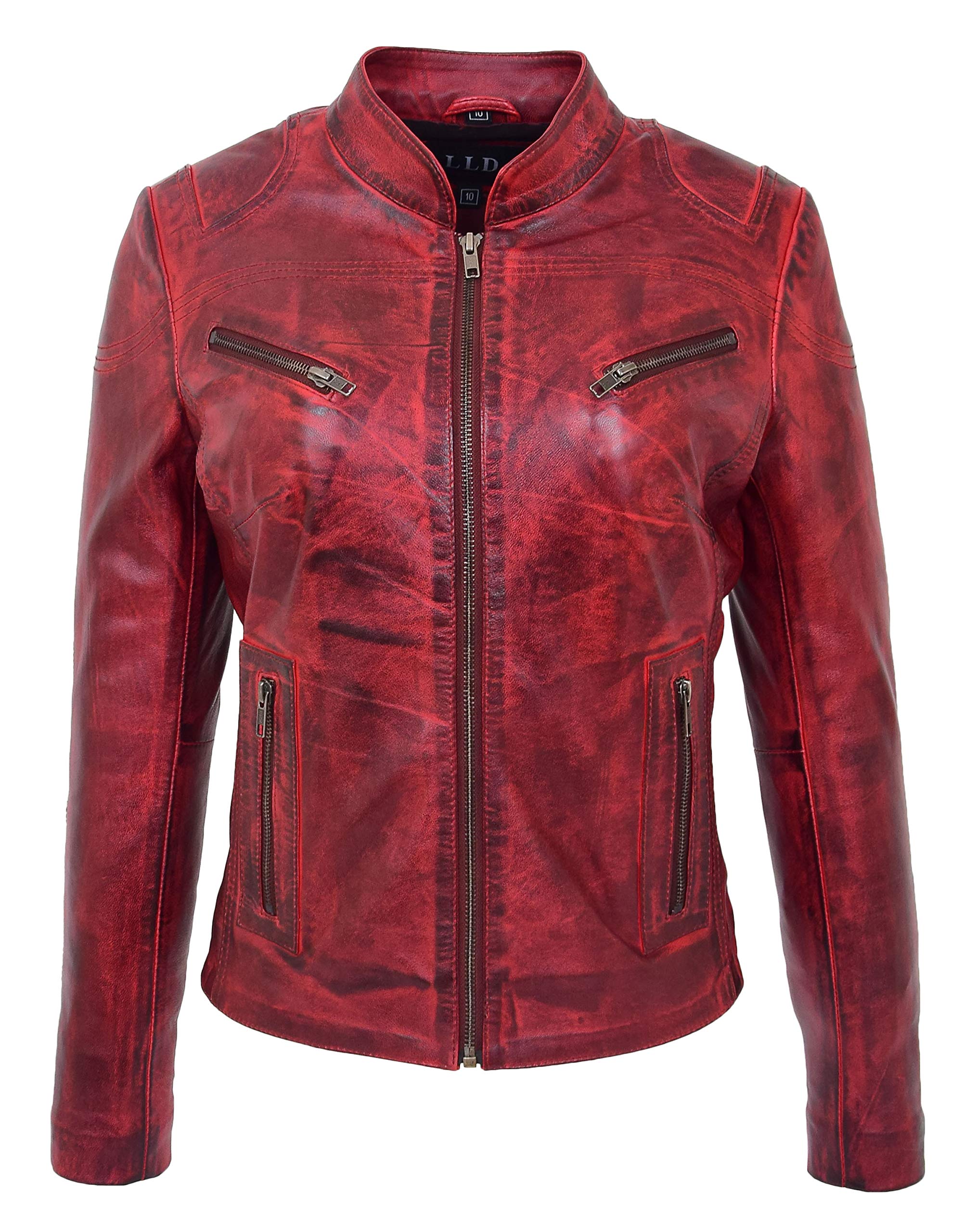 House Of Leather Women's Burnt Red Real Leather Biker Jacket Standing Collar Zip Up Style Becky (10, )