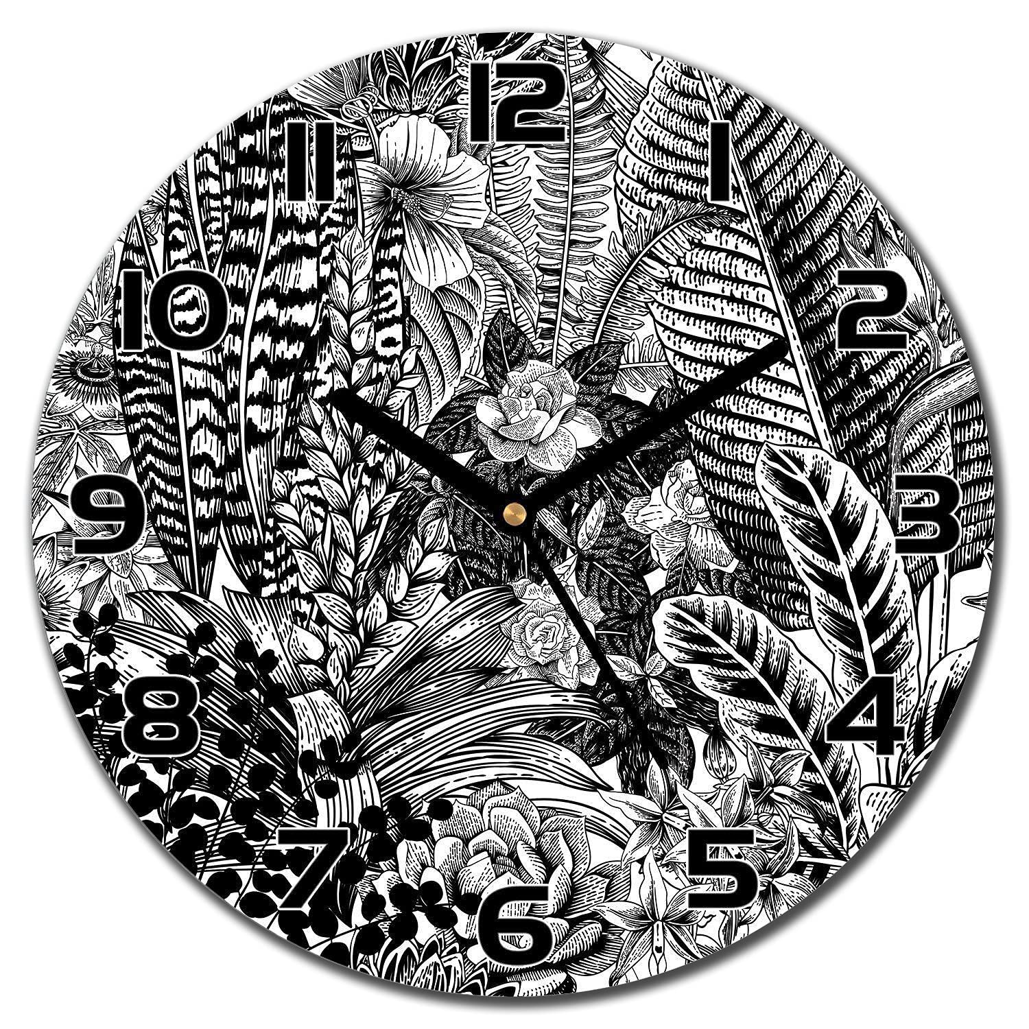Horloge en verre aiguilles noires design plantes de la jungle
