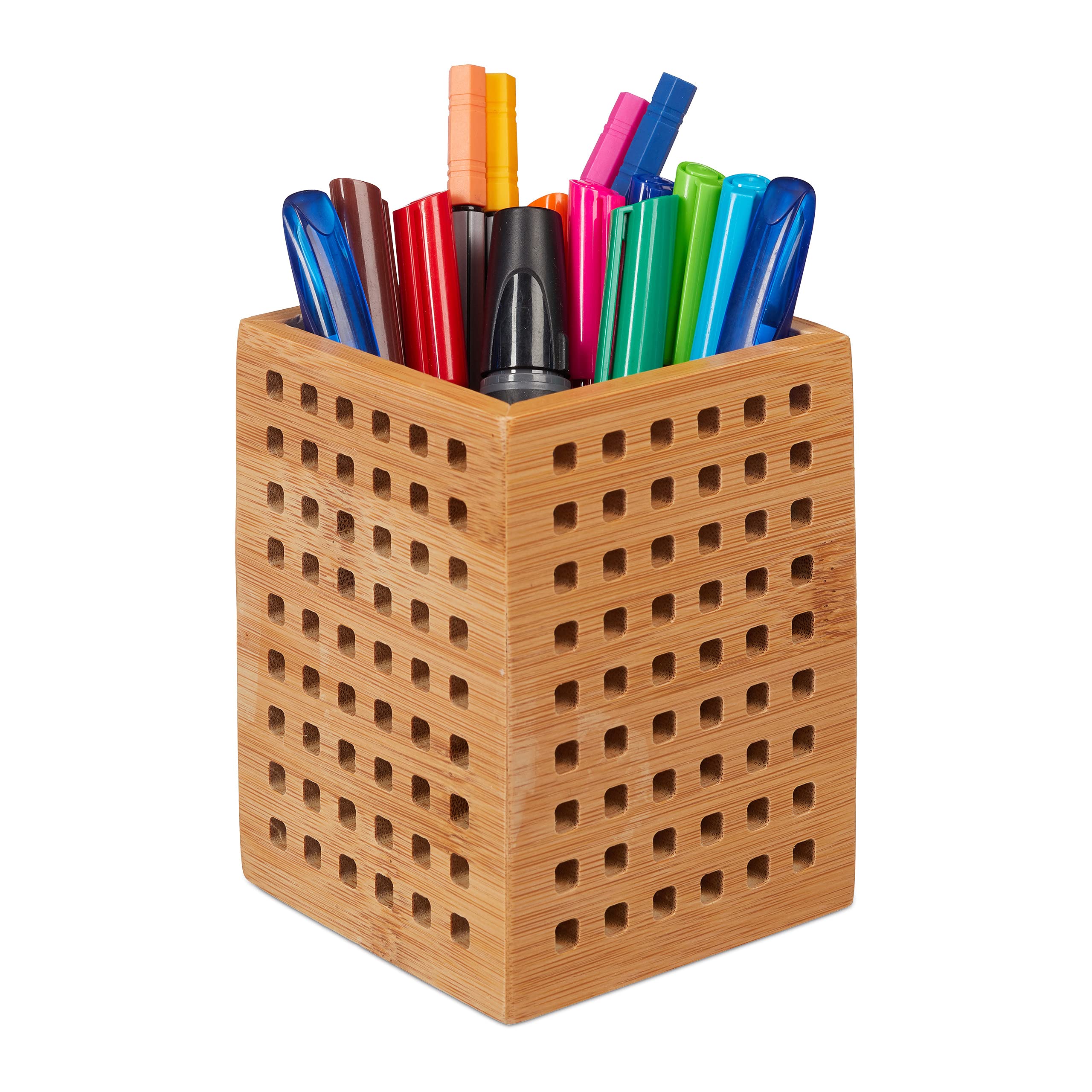 Relaxdays Bamboo Pen Holder, Wooden Utensil Box for Pens and Scissors, Country-Style, HWD 11 x 9 x 9 cm, Natural