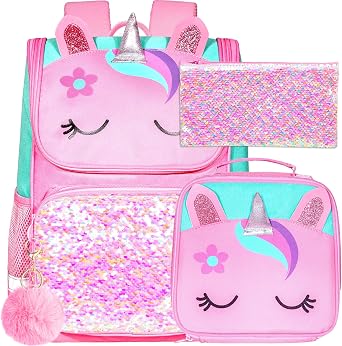 KLFVB 3PCS Backpack for Girls and Boys, 15" Unicorn Dinosaur Bookbag with Lunch Box, Kids Preschool School bag