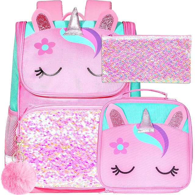 KLFVB 3PCS Backpack for Girls and Boys 15 Unicorn Dinosaur Bookbag with Lunch Box Kids Preschool School bag