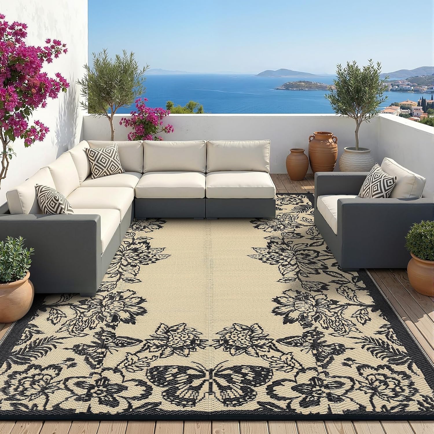 Garvee 5’x8’ Waterproof Patio Outdoor Rug, Outdoor Plastic Straw Rug for Camping, RV Mat Outside, Floral Indoor Outdoor Carpet for Porch, Deck, Backyard, Balcony, Picnic, Black & Brown