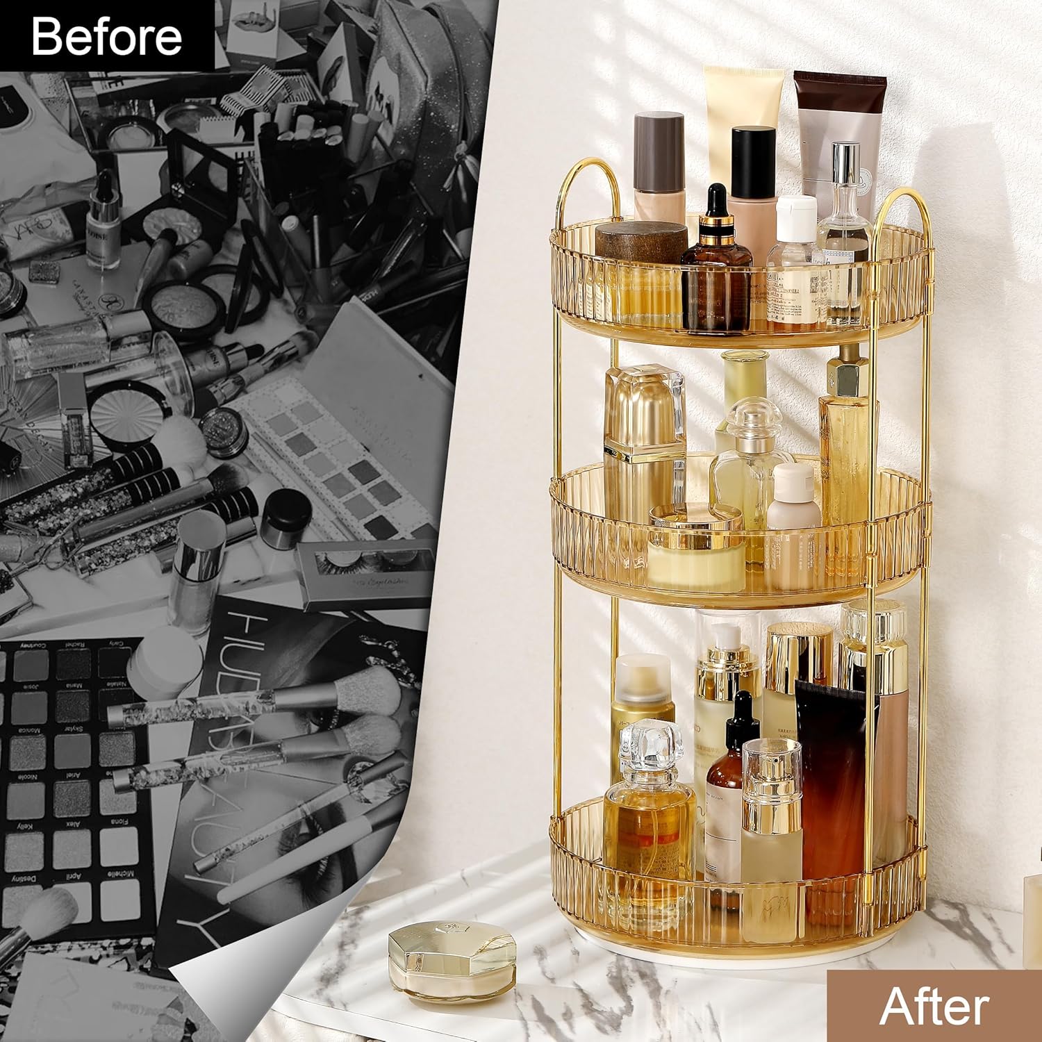 360 Rotating Makeup Organizer for Vanity, Bathroom Countertop Spinning Perfume Organizer, High-Capacity Cosmetic and Skincare Dresser Make Up Holder Rack (3 Tiers, Yellow)