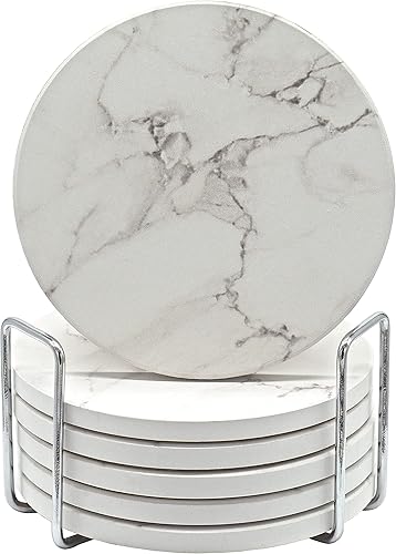 COTIDIANO Posavasos redondos absorbentes para bebidas, juego de 6 posavasos de cerámica con soporte, diseño de posavasos de mármol blanco con base