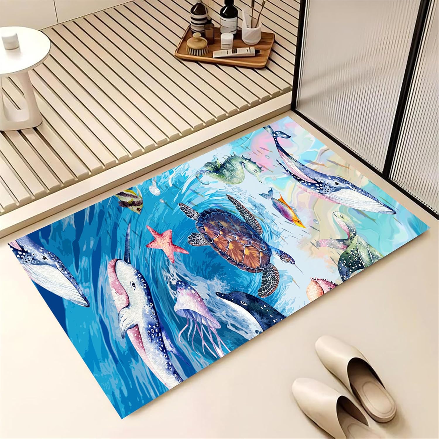 Coastal Runner Rug, 2x6ft 3D Starfish Print Non-Slip Hallway Runner Rug， Washable Cute Dolphin Turtle Tropical Fish Reef Design for Summer Home Decor, Bathroom, Kids Room, Living Room