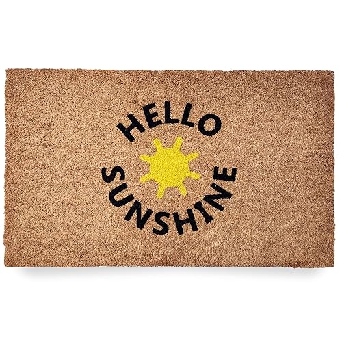 Hello Sunshine Outdoor Doormat, 18 x 30 Inch, Heavy Duty Natural Coir Fibers, UV and Weather Resistant, Rustic Boho Sun, Warm and Bright Summer Theme