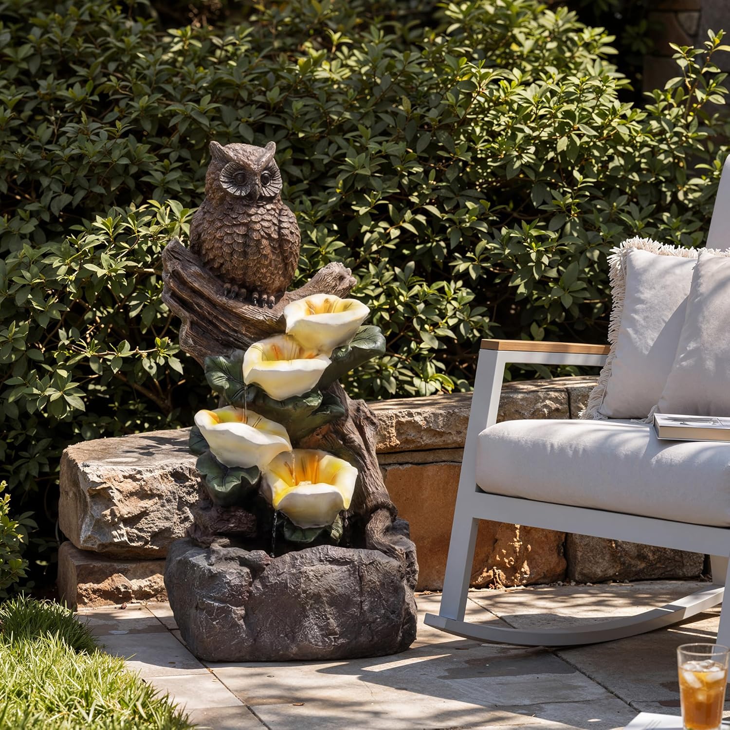 28.3" Tall Outdoor Water Fountain, 4 Tier Cascading Bowls and Stacked Water Fountain with LED Lights, for Yard Décor, Backyard, Patio and Deck (28.3'')