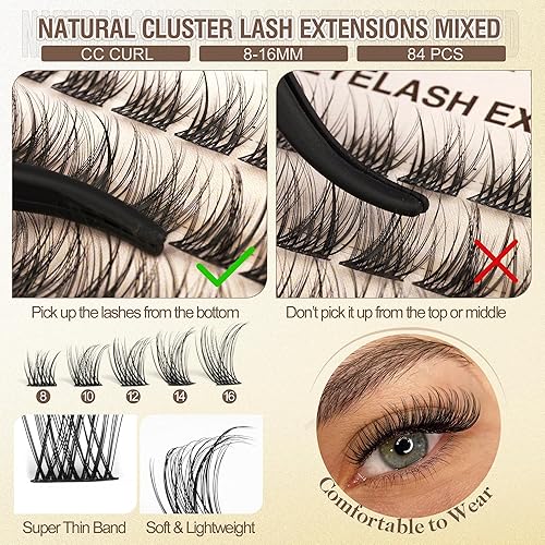 Miniatura 2 de Kit de extensiones de pestañas rizadas en C, kit de extensión de pestañas individuales naturales con racimos de pestañas, unión y sellado, súper