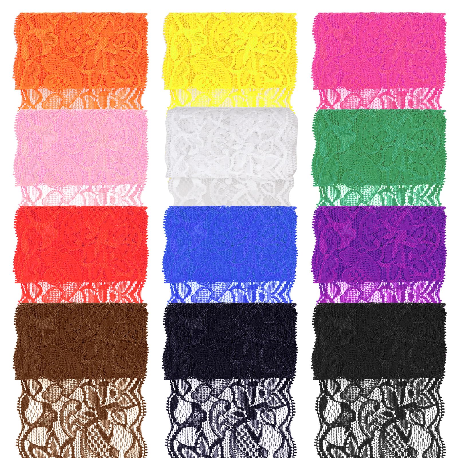 Swpeet 12 Rolls 1 Yard by 3.15" Wide Mixed Colors Lace Fabric Stretch Elastic, Elastic Lace Trim, Sewing Ribbon for Garment, Headbands, Wedding Bouquet