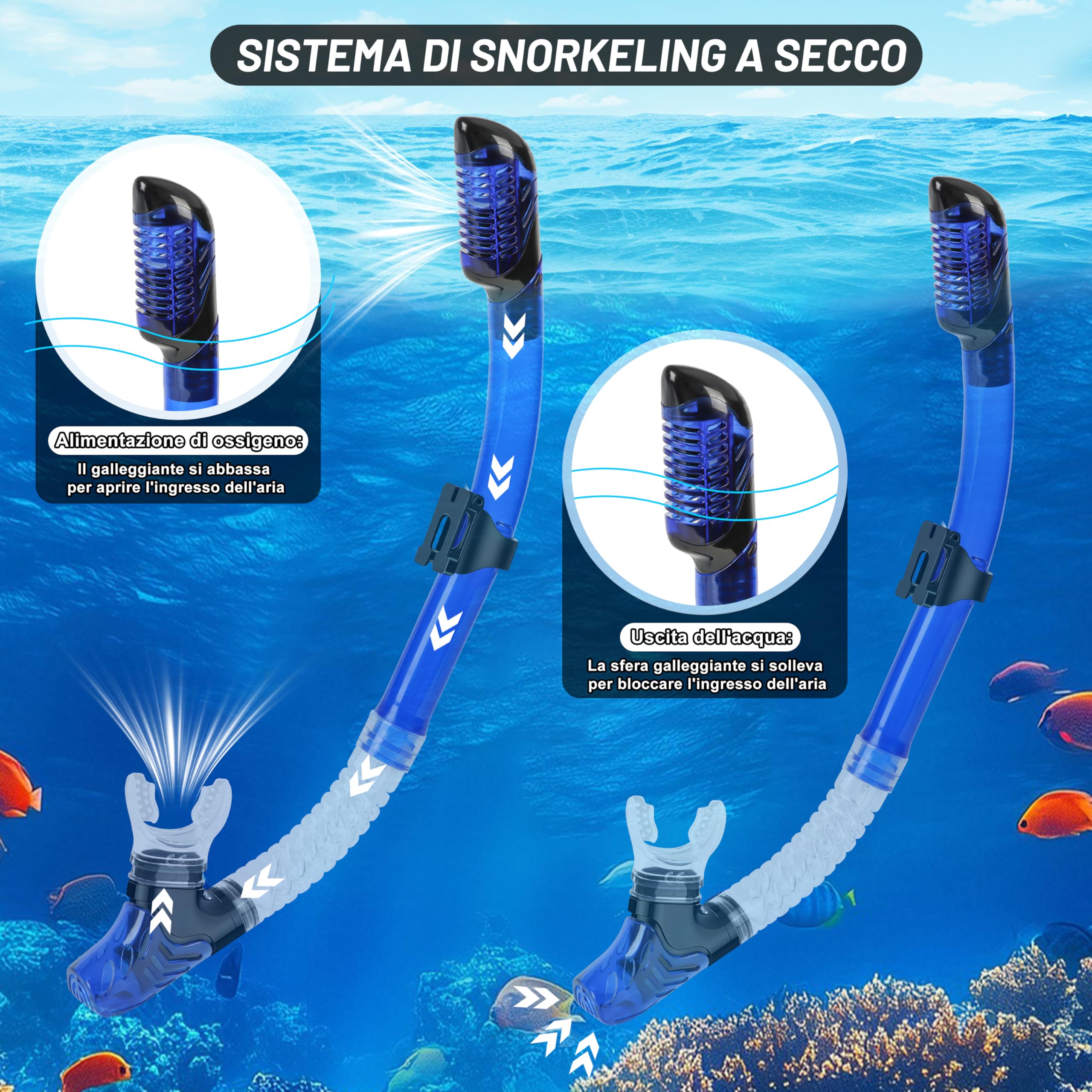 IEEILULU Set da Snorkeling 7 Pezzi per Adulti con Occhiali Antiappannante, Boccaglio e Pinne Regolabili